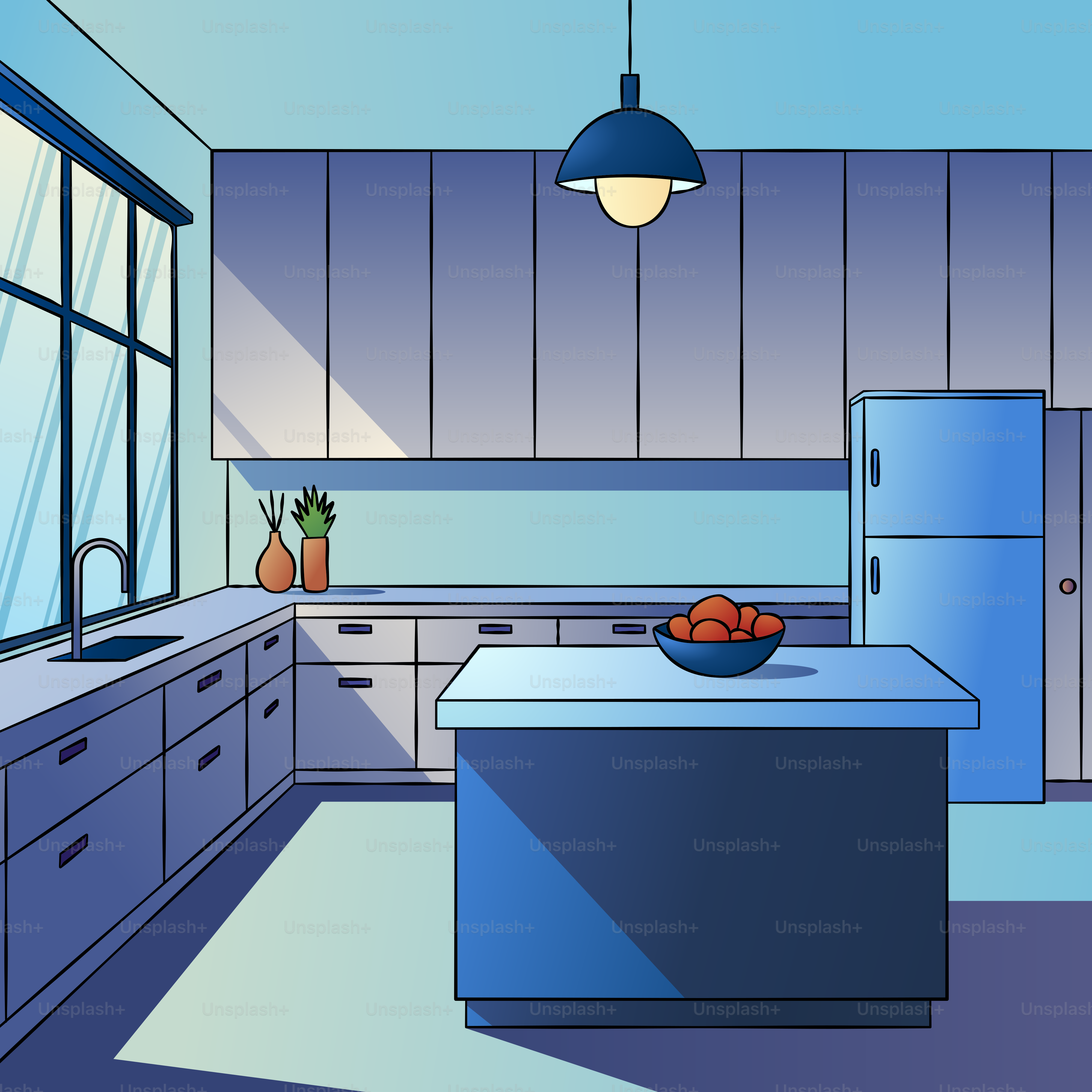 A cartoon of a kitchen with blue cabinets