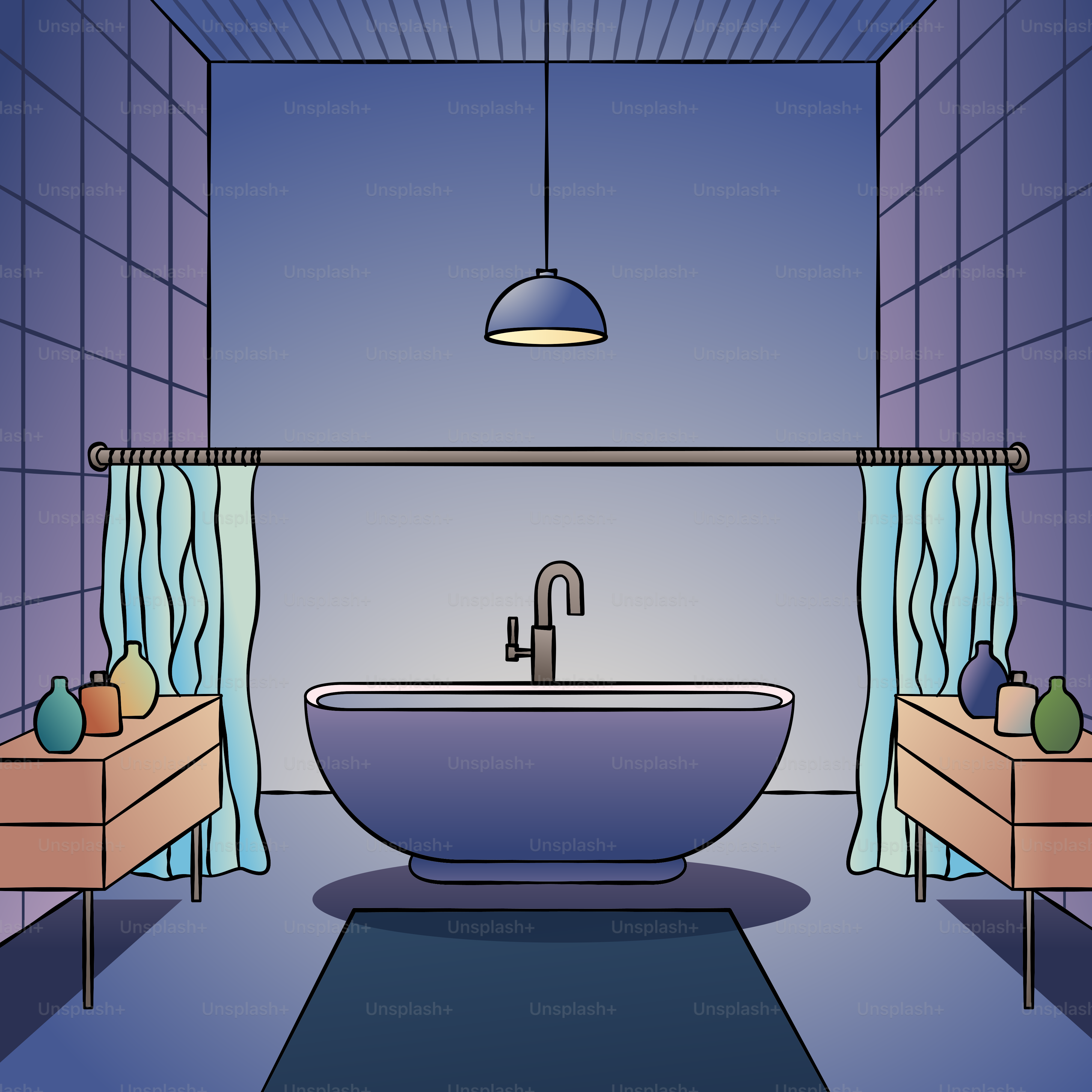 A bathroom scene with a bathtub and a sink
