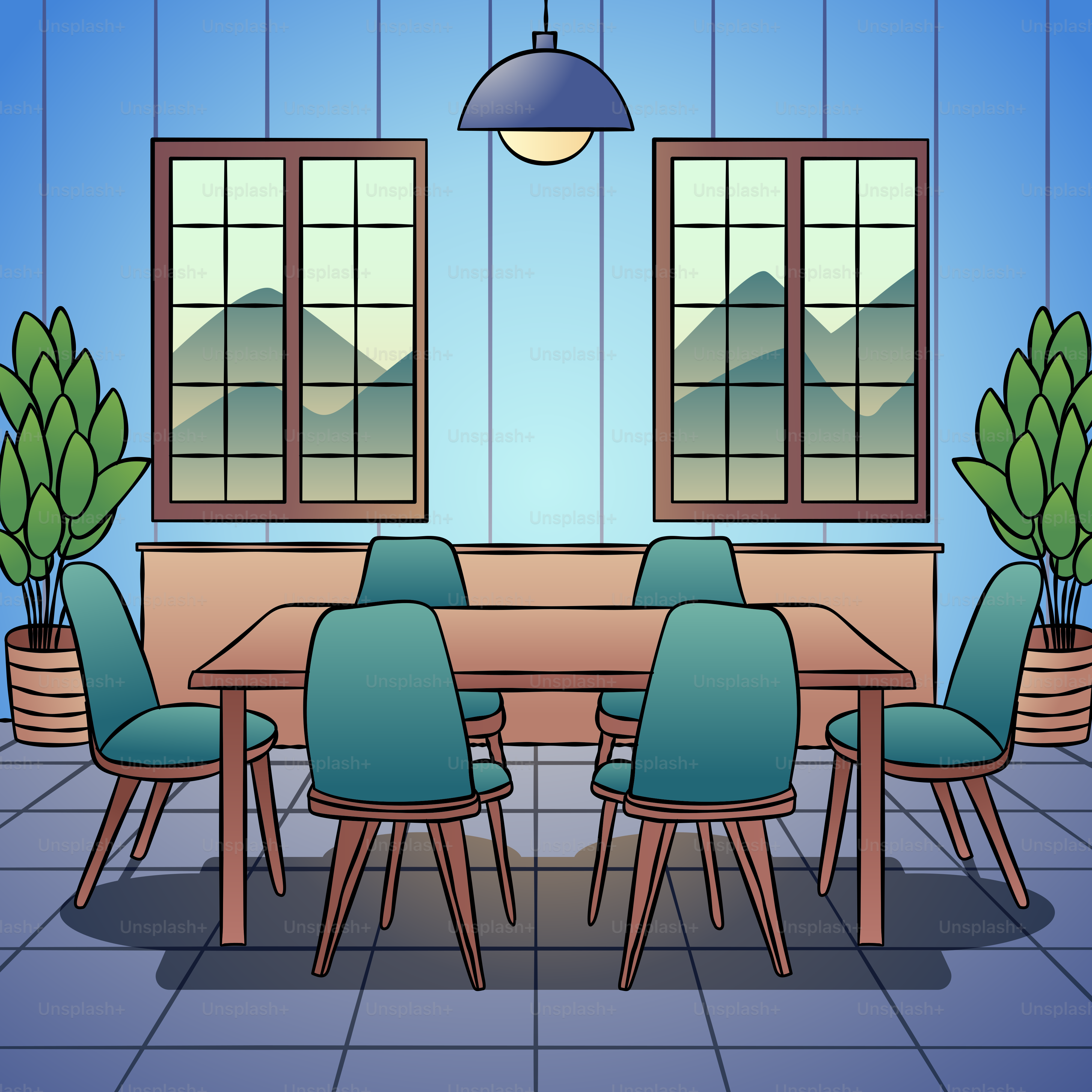 Ein Zimmer mit einem Tisch, Stühlen und einer Topfpflanze