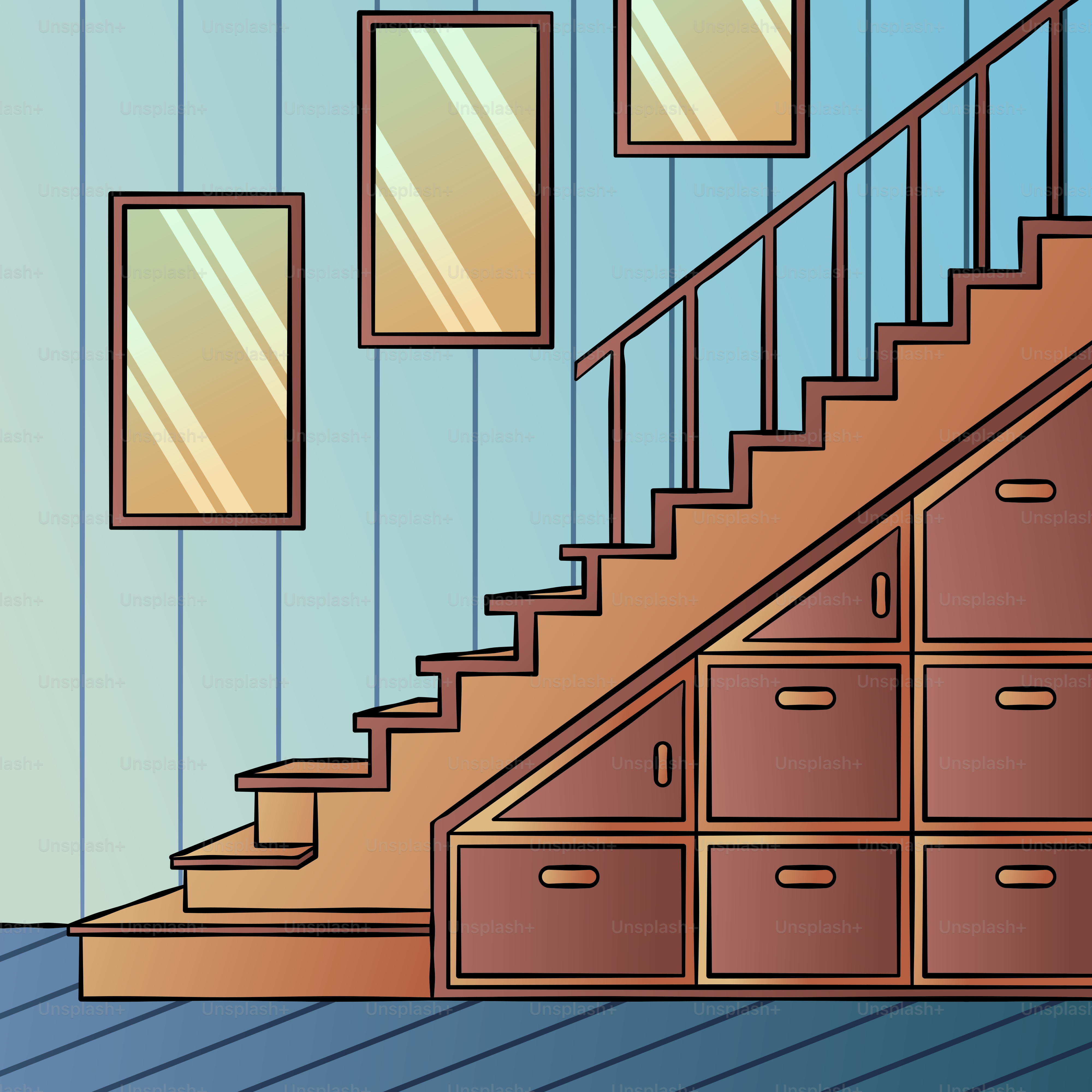 A drawing of a staircase with drawers under it