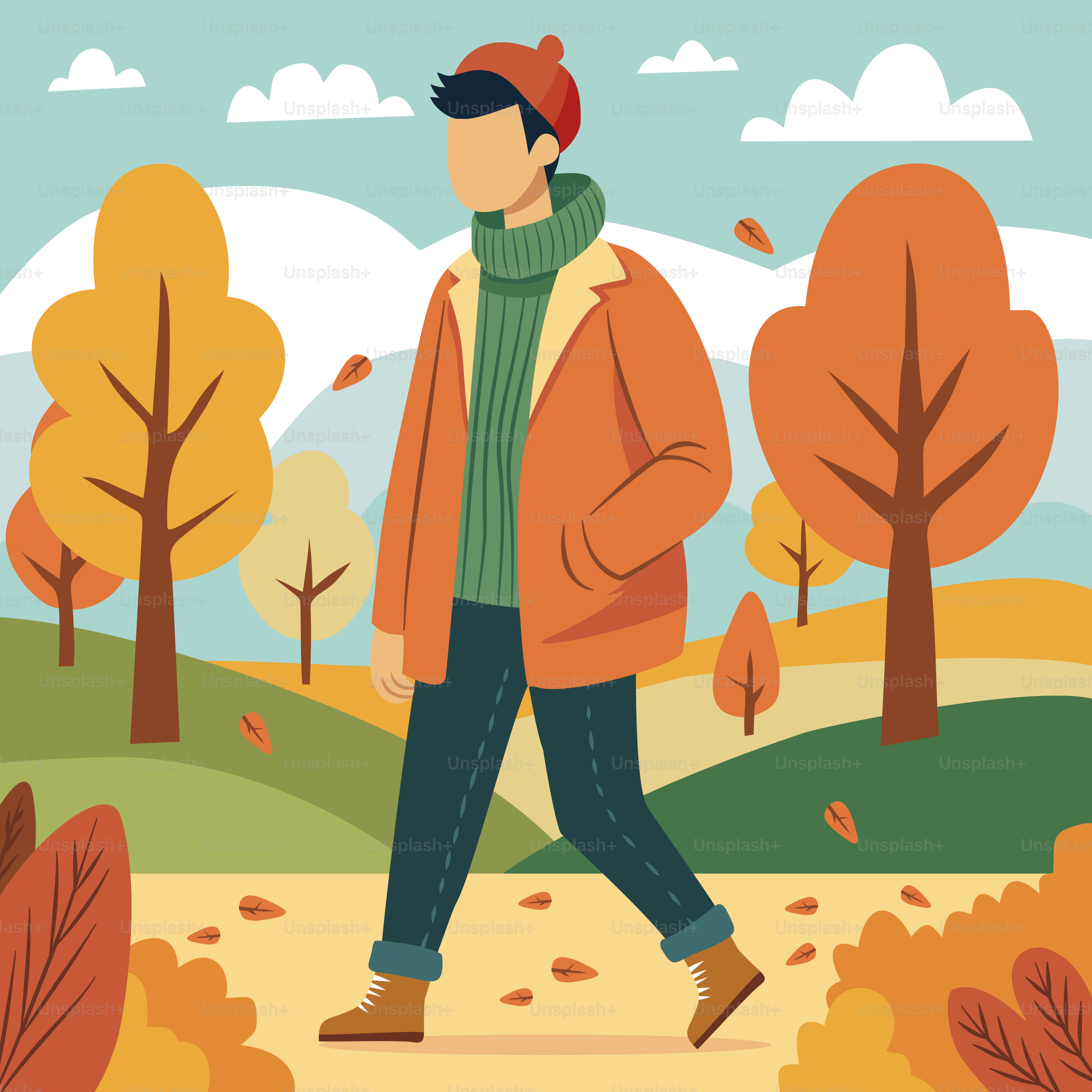 A man walking through a park in the fall