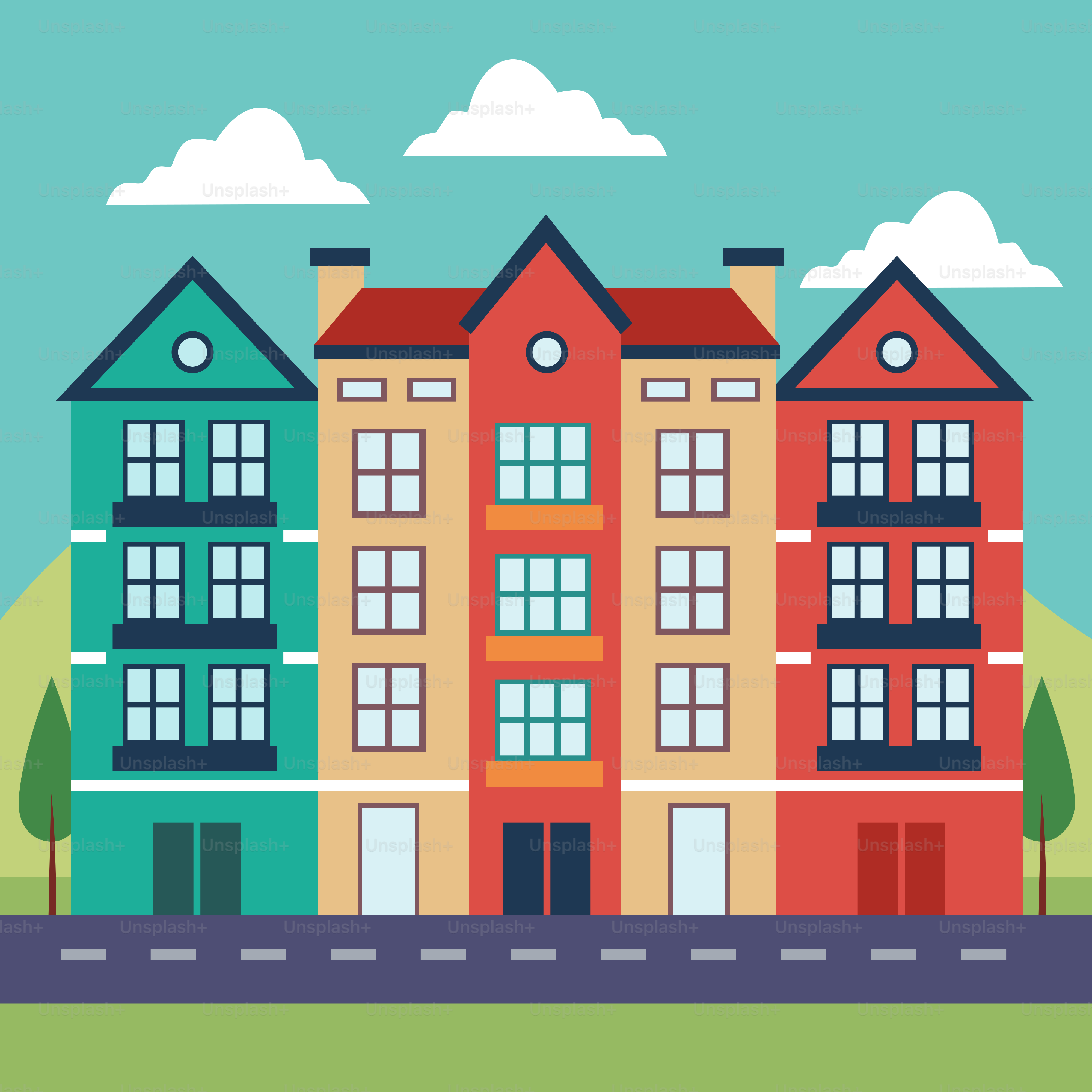 A row of buildings with trees and clouds in the background