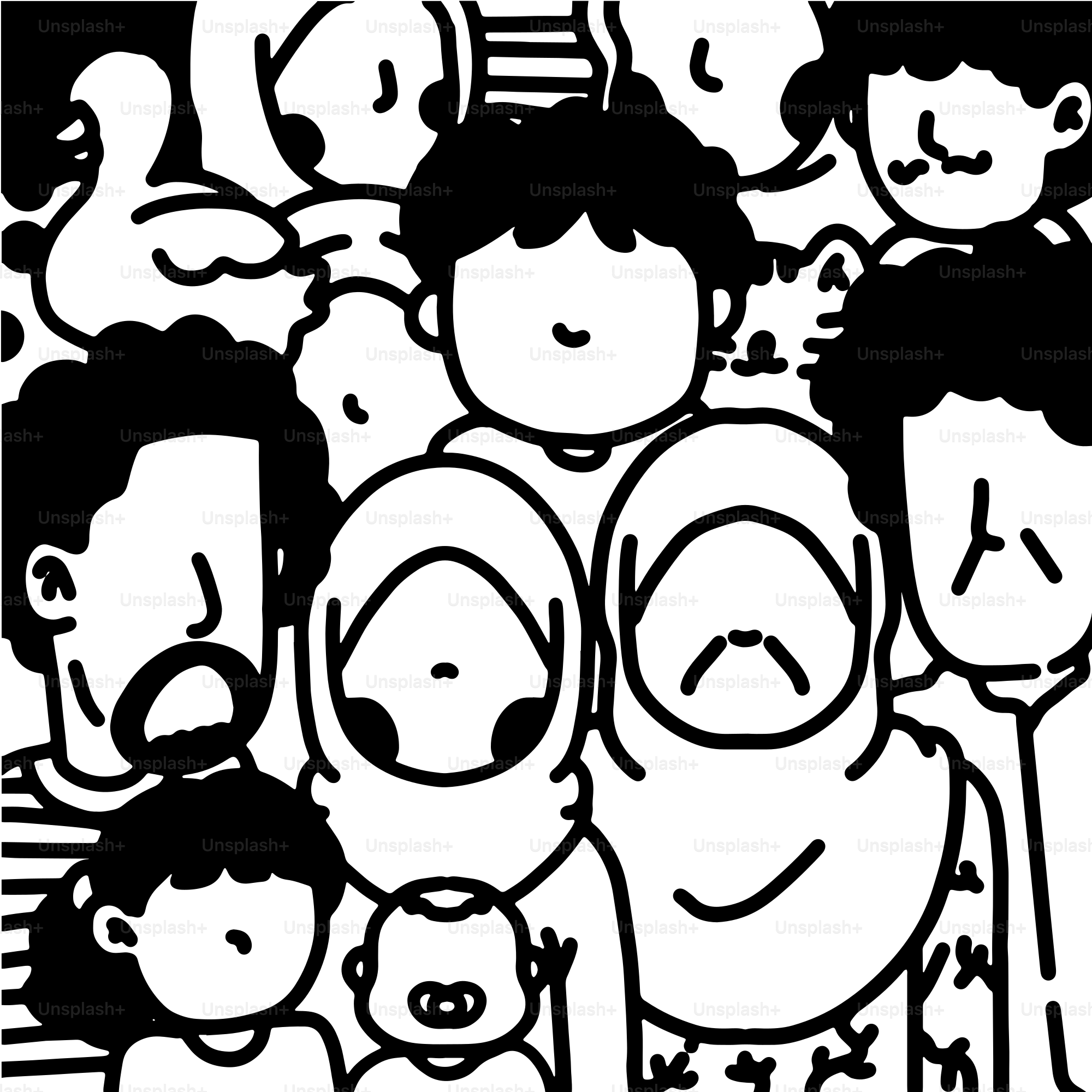 A black and white drawing of a family