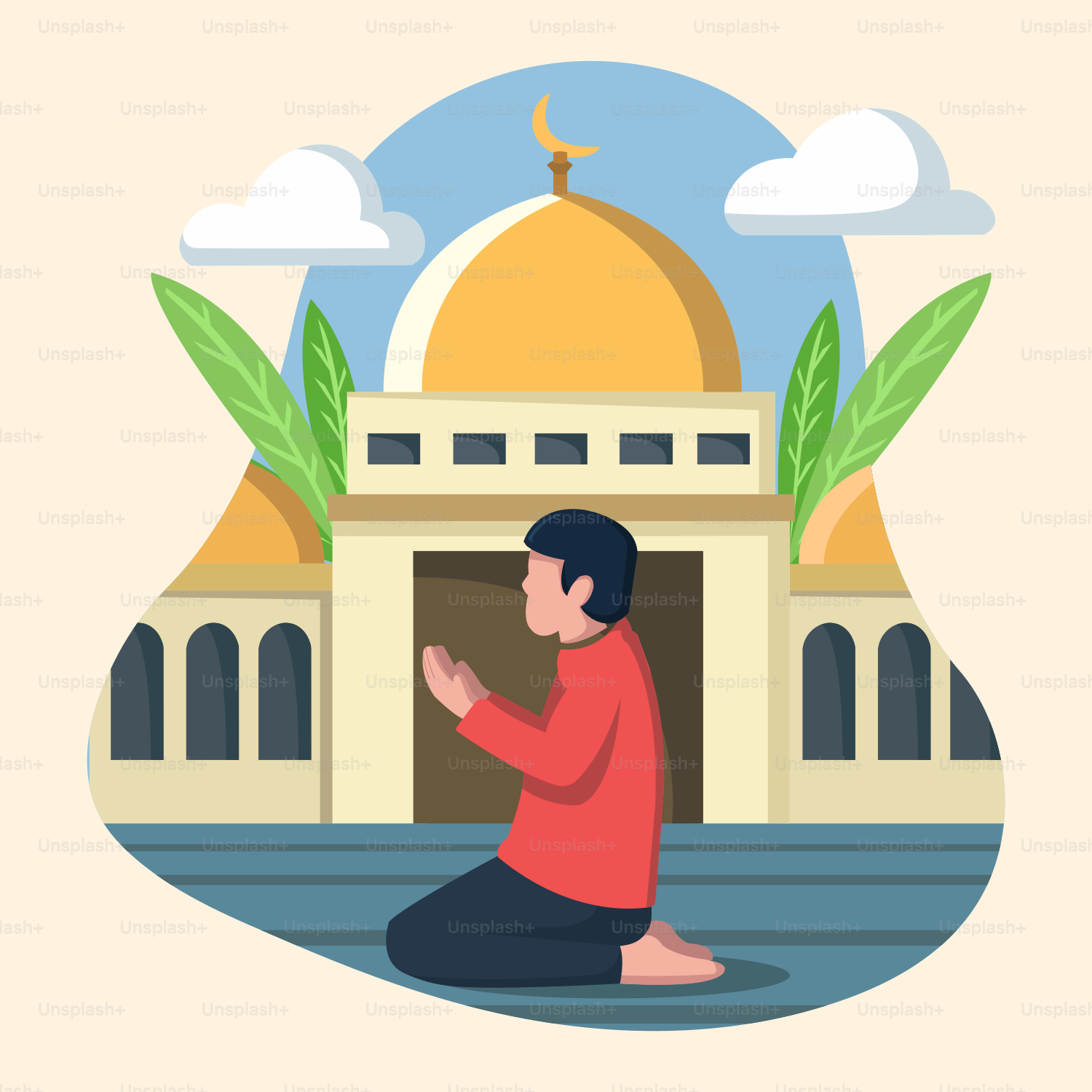 Seorang pria duduk di tanah di depan sebuah gedung