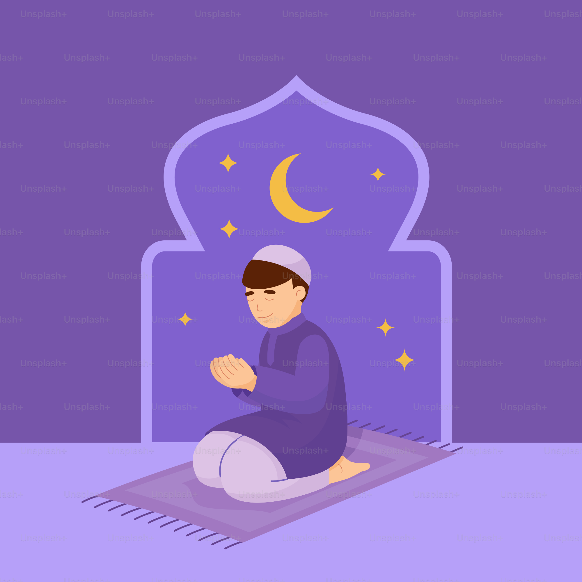 A person sitting on a rug in front of a purple background