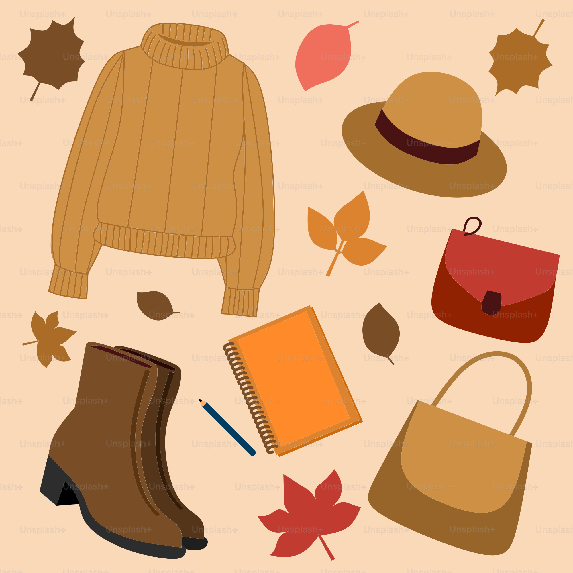 Una collezione di oggetti autunnali che includeva un maglione, stivali, un libro e un