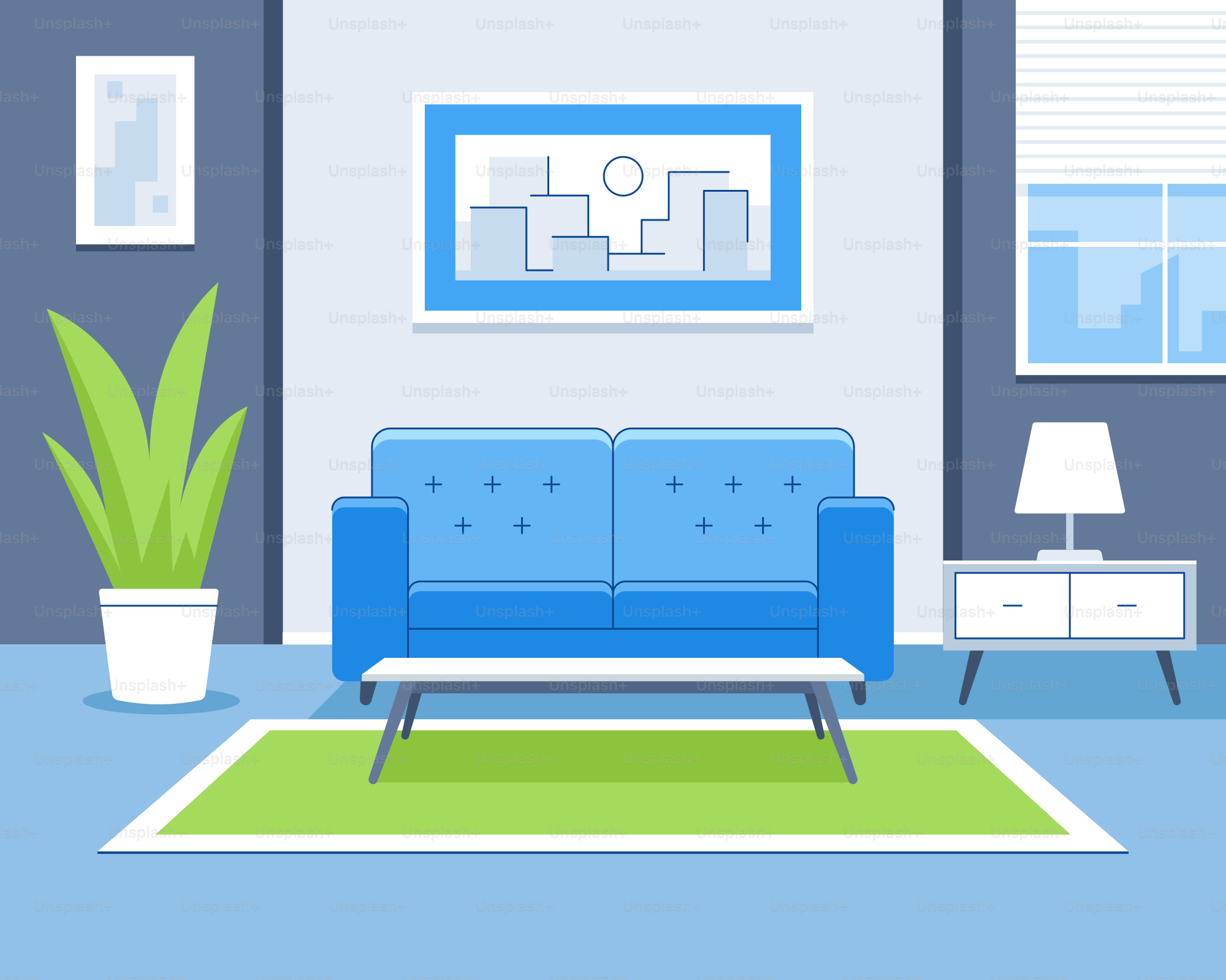 A living room with a blue couch and a green rug