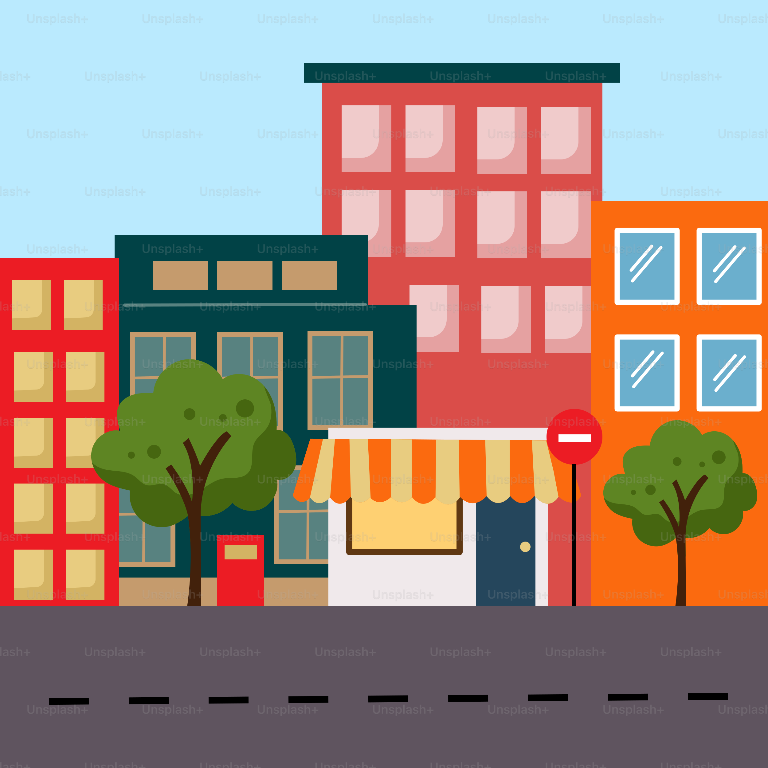 Une rue de la ville aux grands immeubles et aux arbres