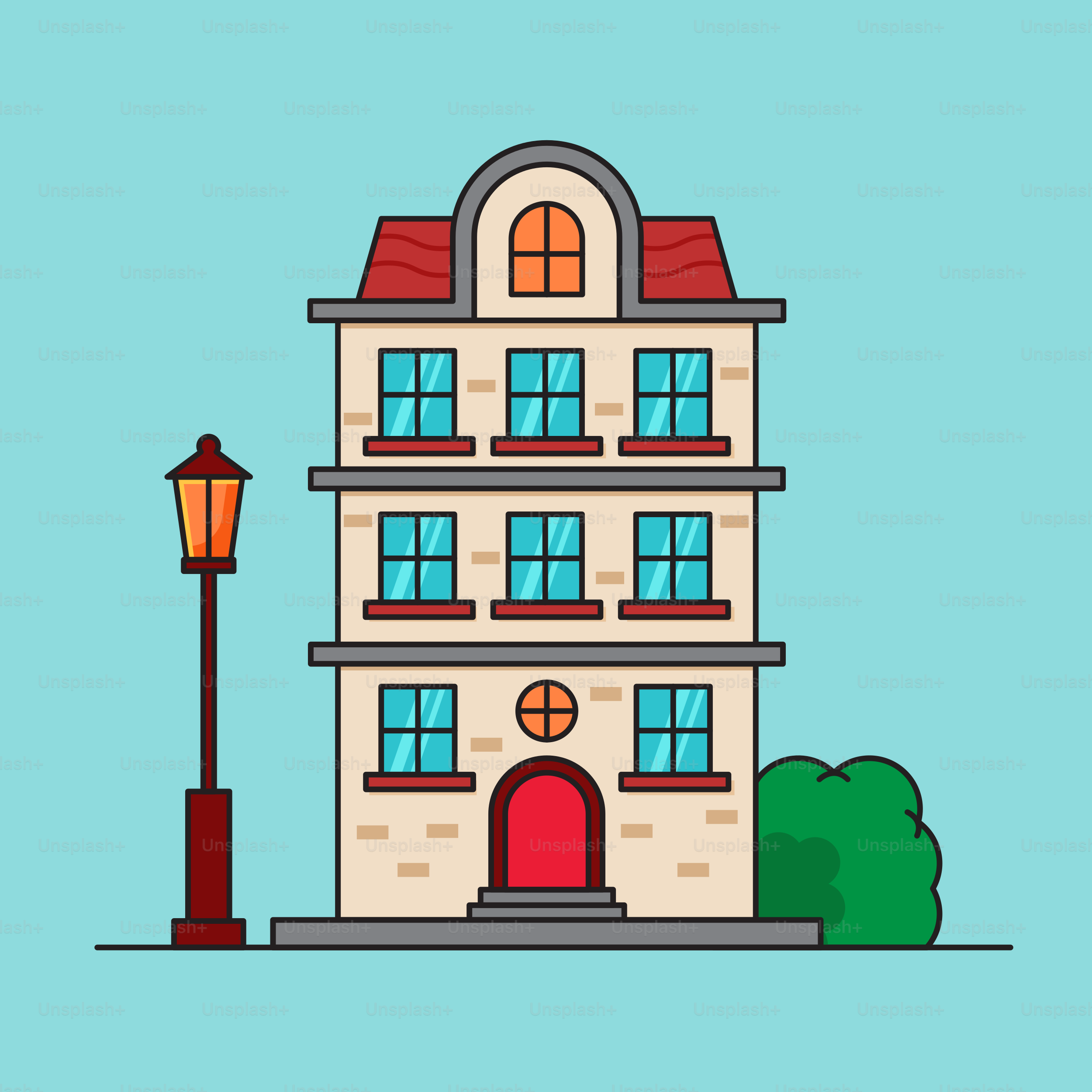 A building with a lamp post in front of it