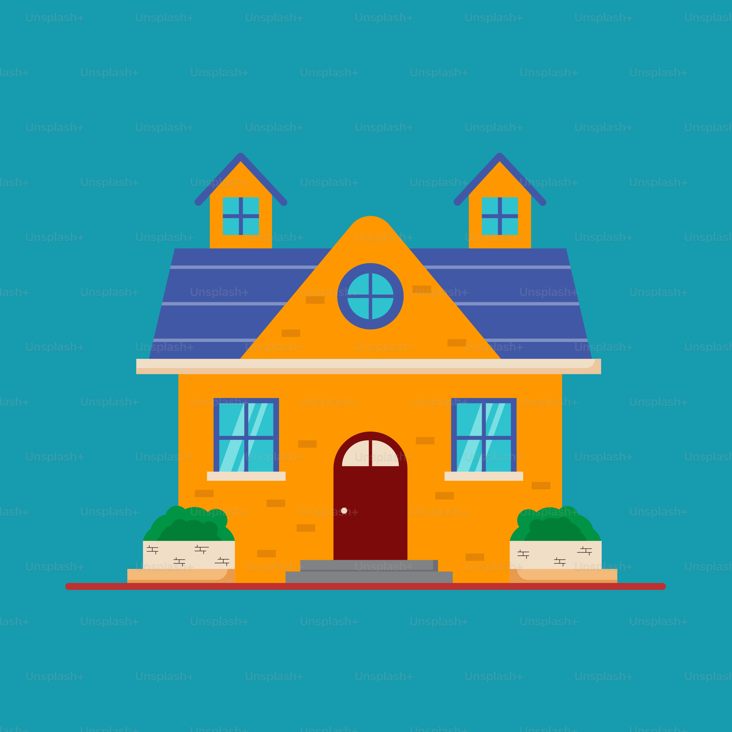 A house with a blue roof and a red door