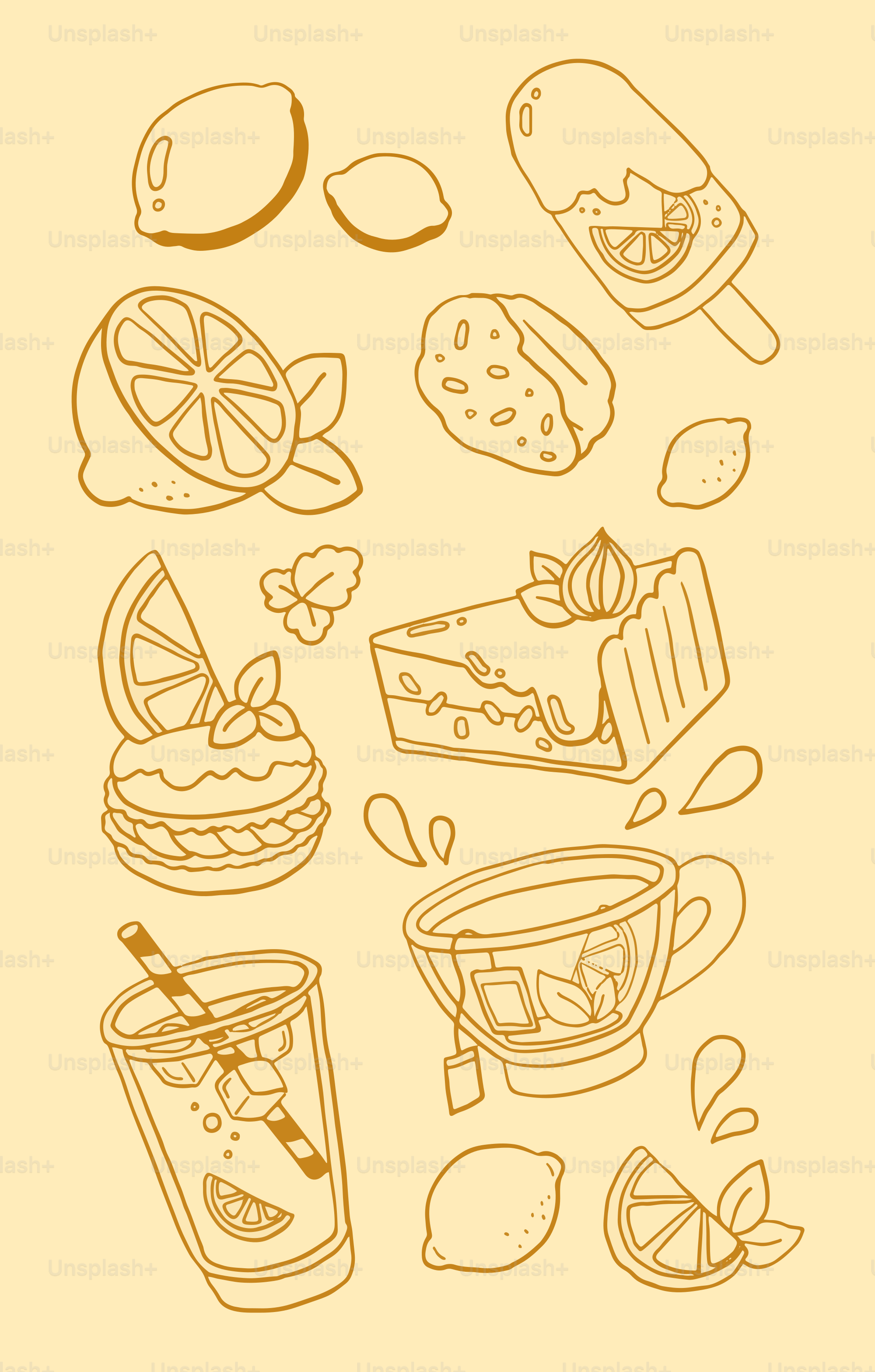 A drawing of a bunch of food on a yellow background