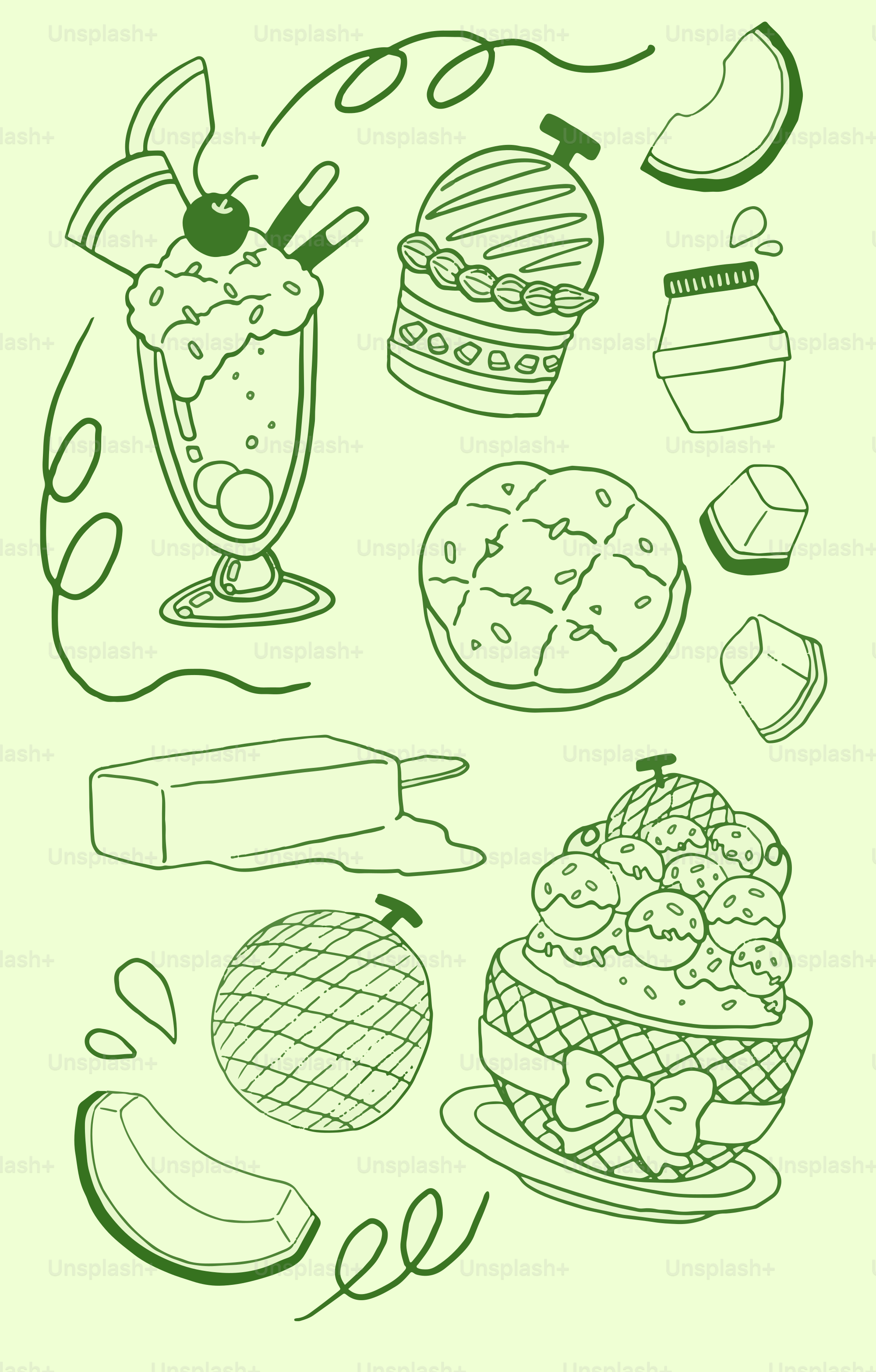 A drawing of food and drinks on a green background