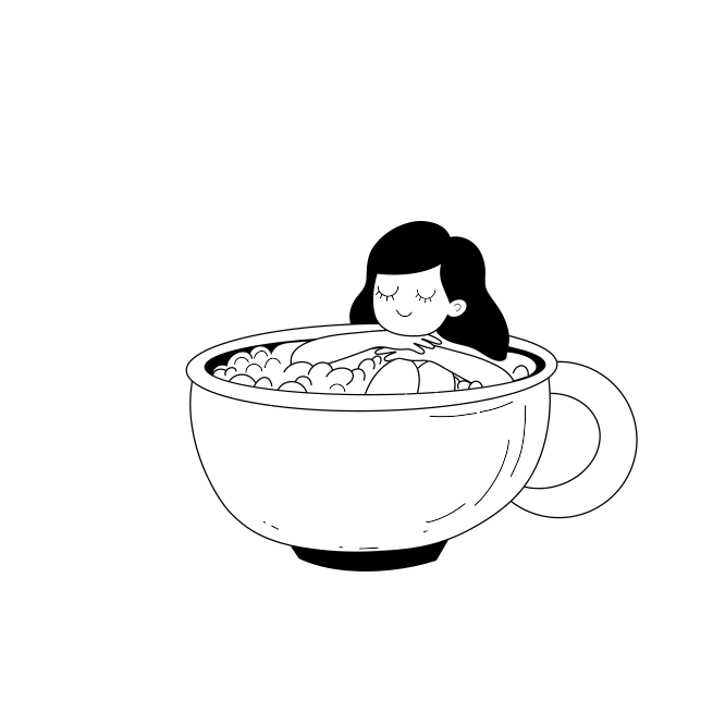 A drawing of a woman in a bowl of food