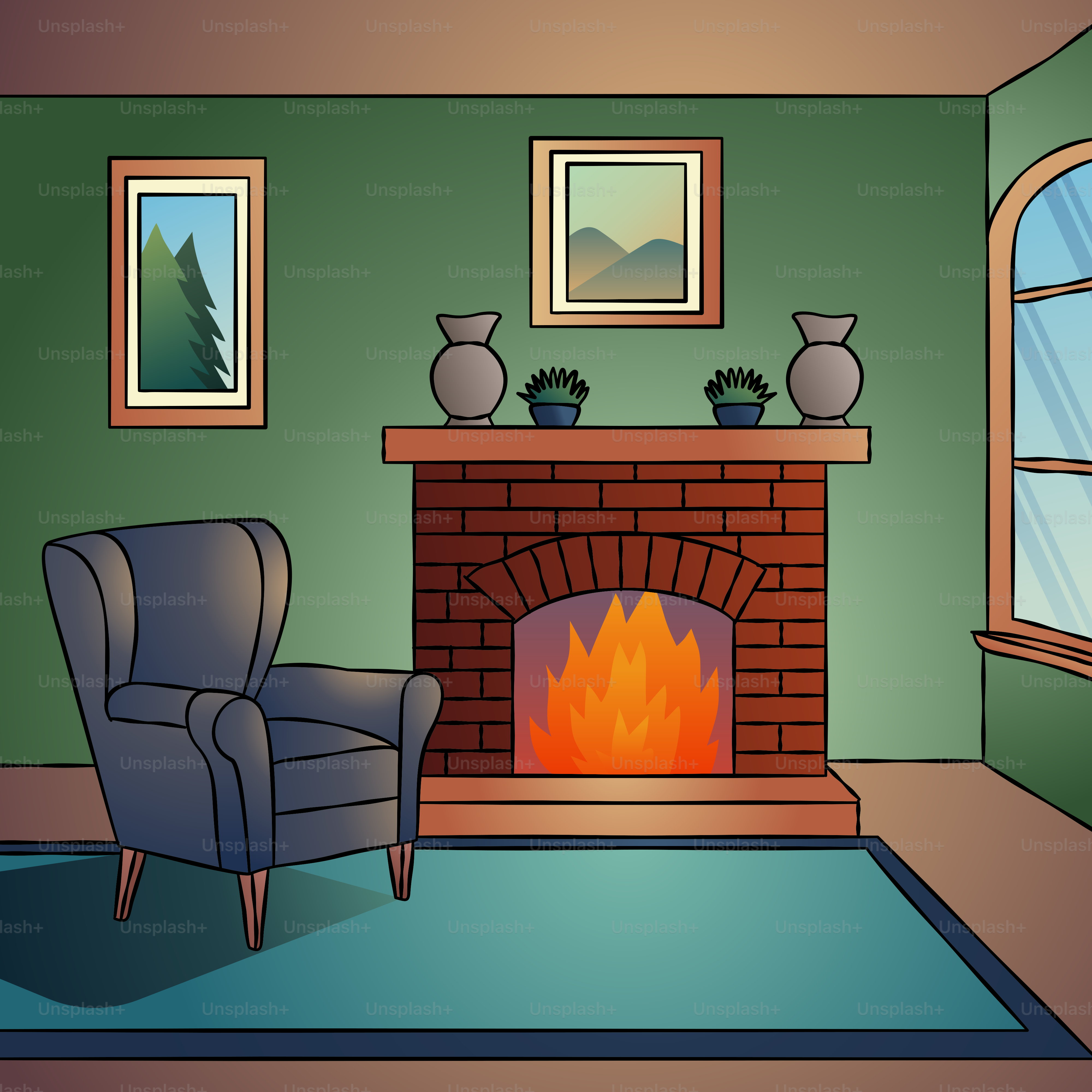 Un salón con chimenea y una silla