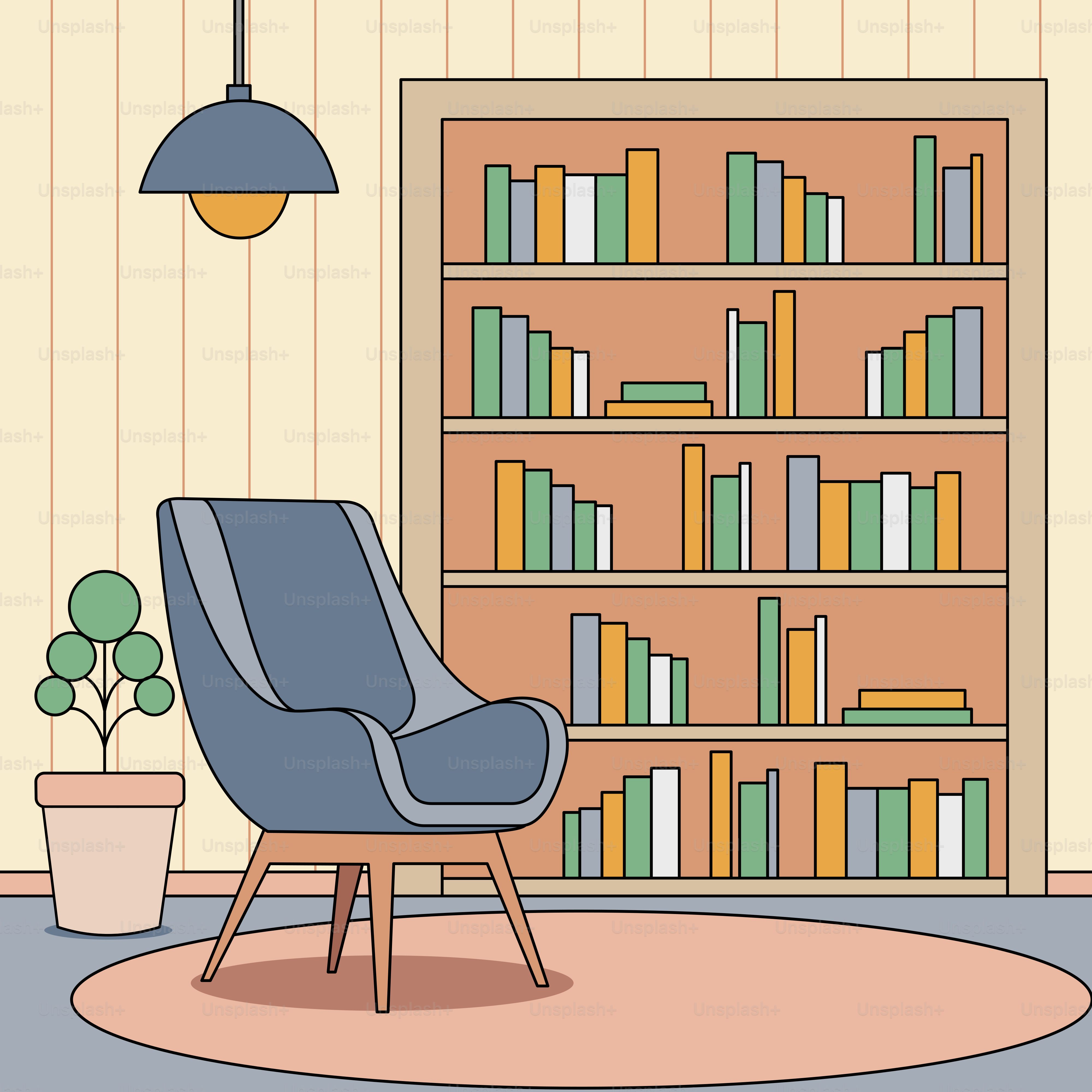 A living room with a book shelf and a chair