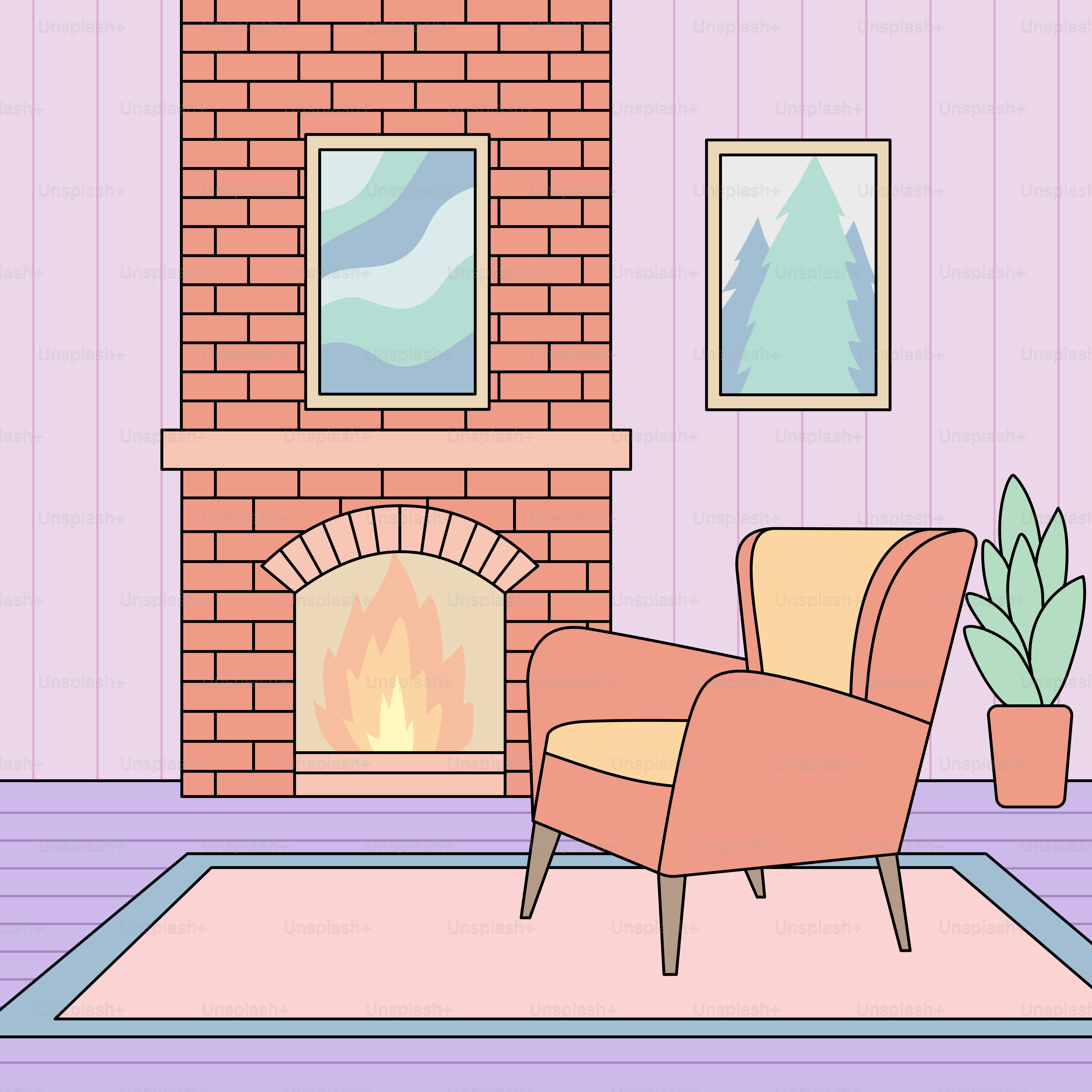 A living room with a fireplace and a chair