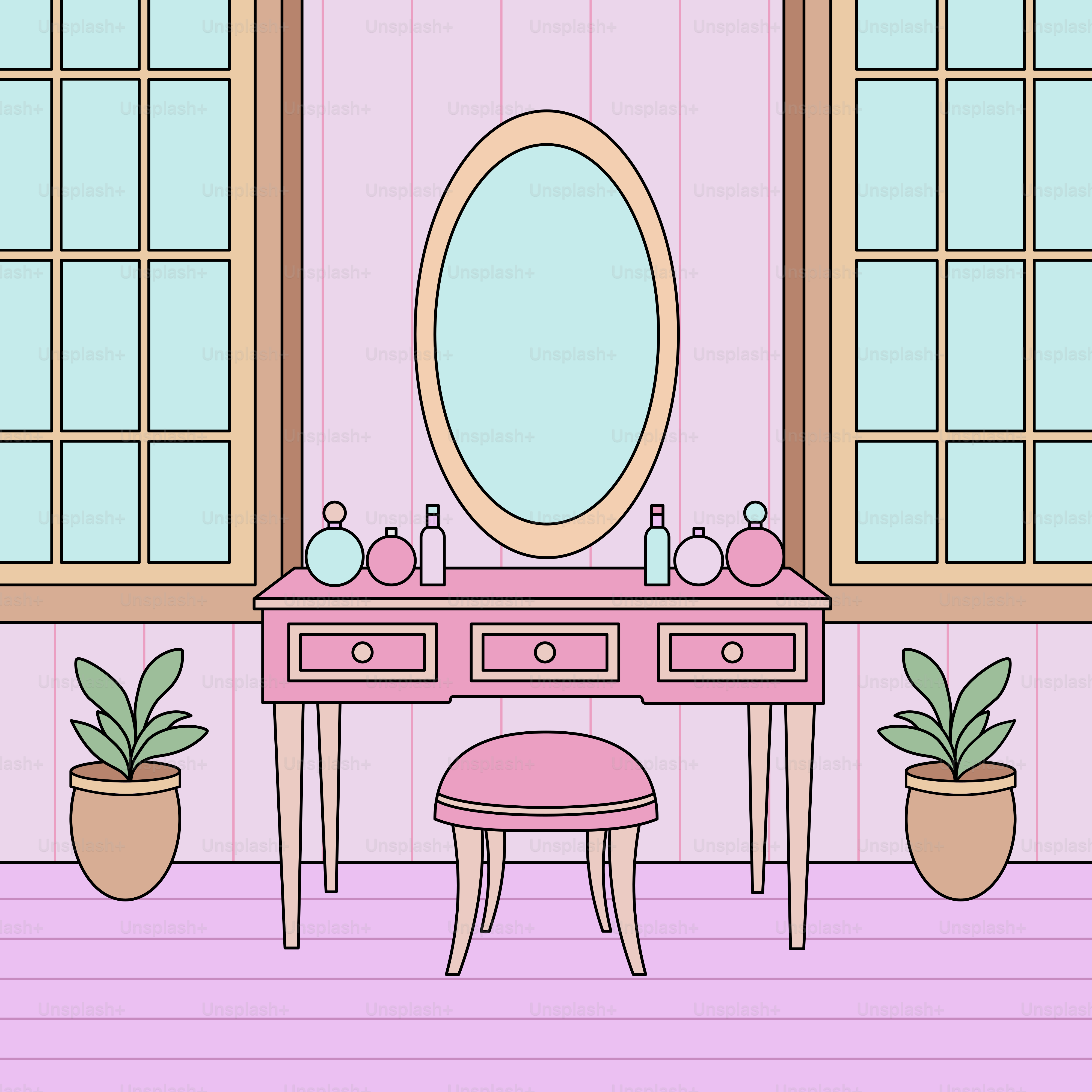 A pink vanity with a mirror and a stool