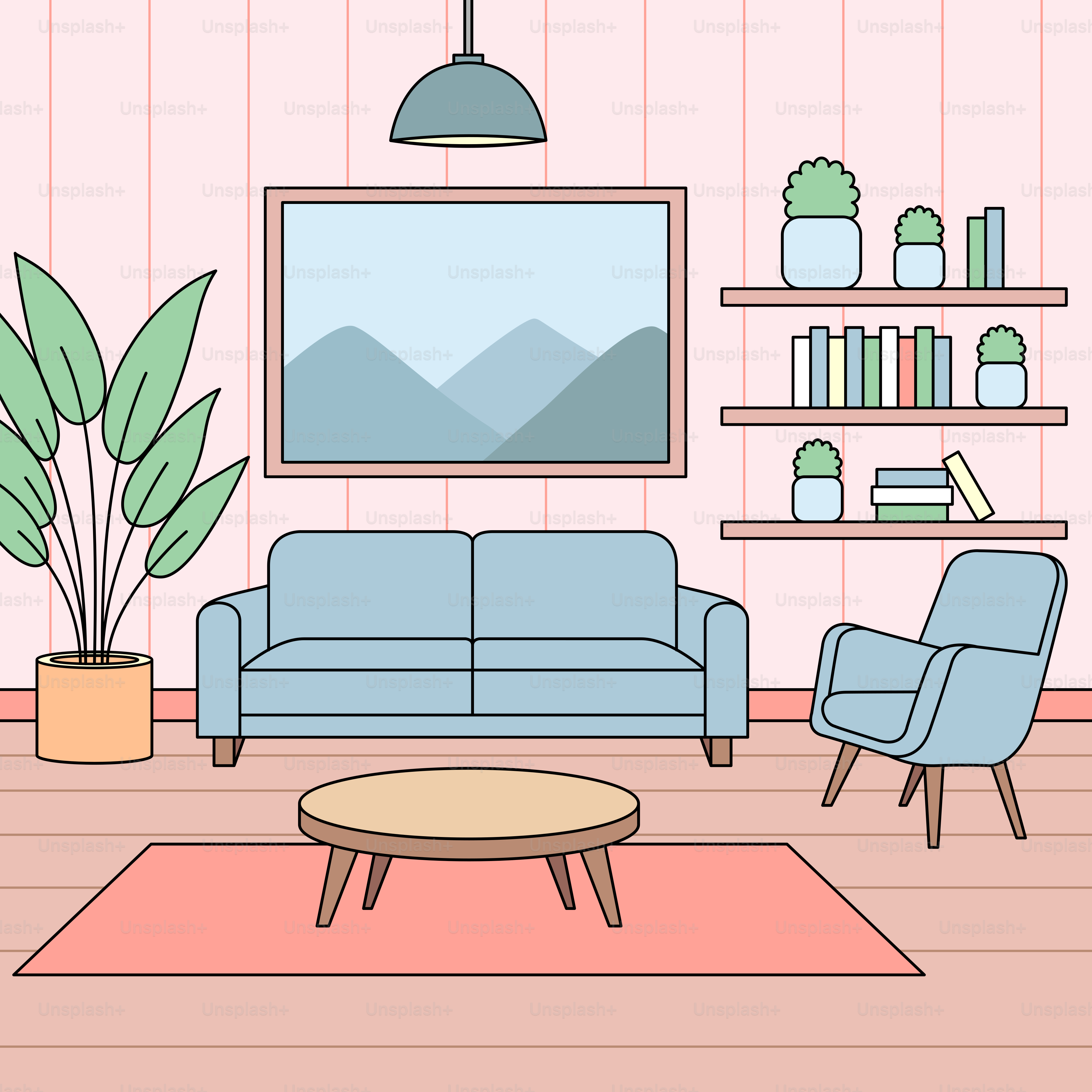 ソファ、椅子、コーヒーテーブル、本棚があるリビングルーム