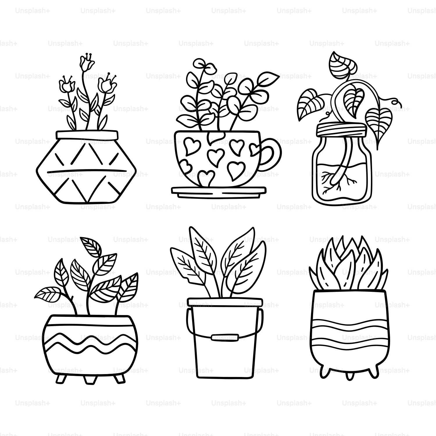 A line drawing of potted plants