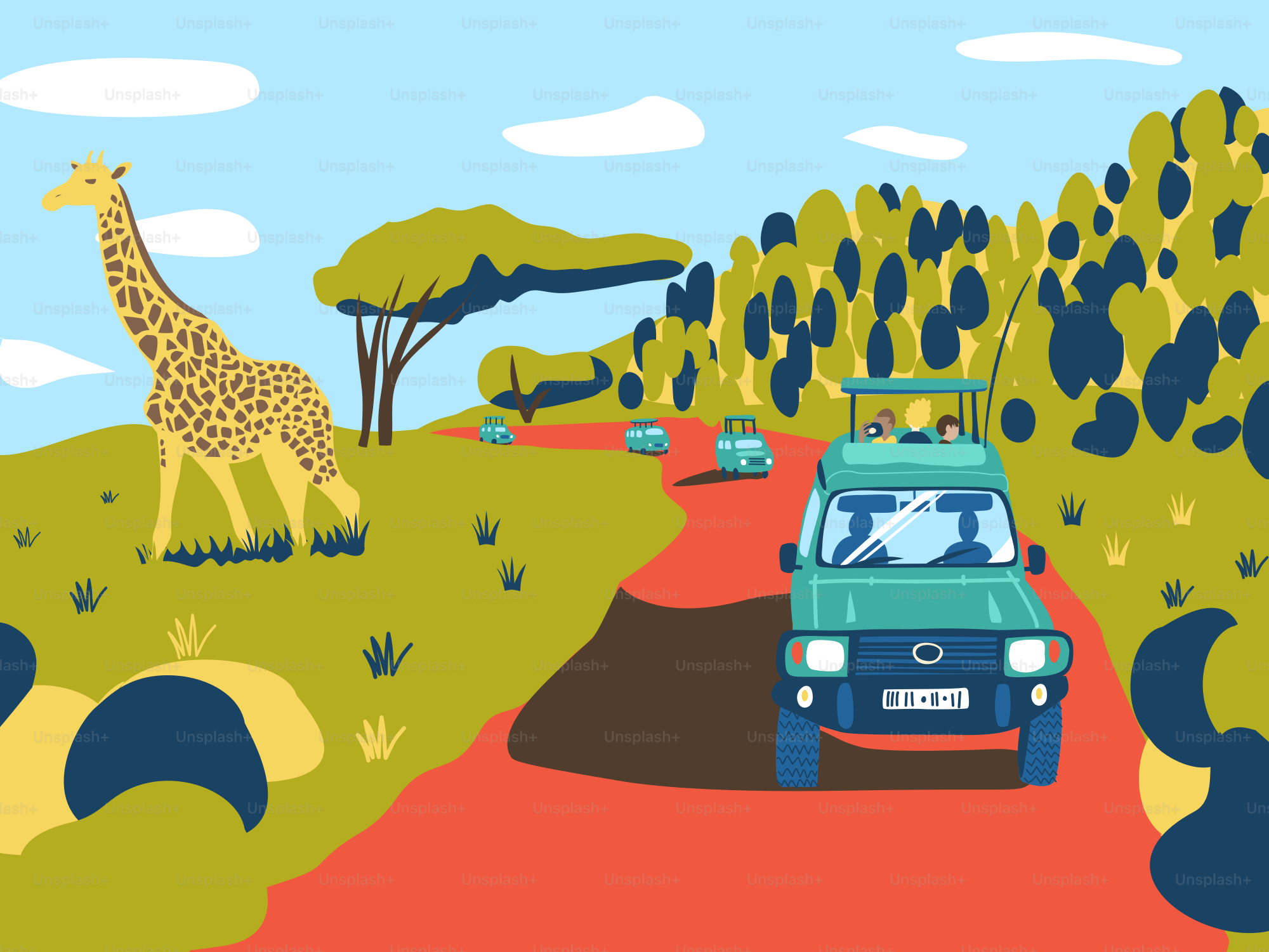 A car driving down a road with a giraffe in the background