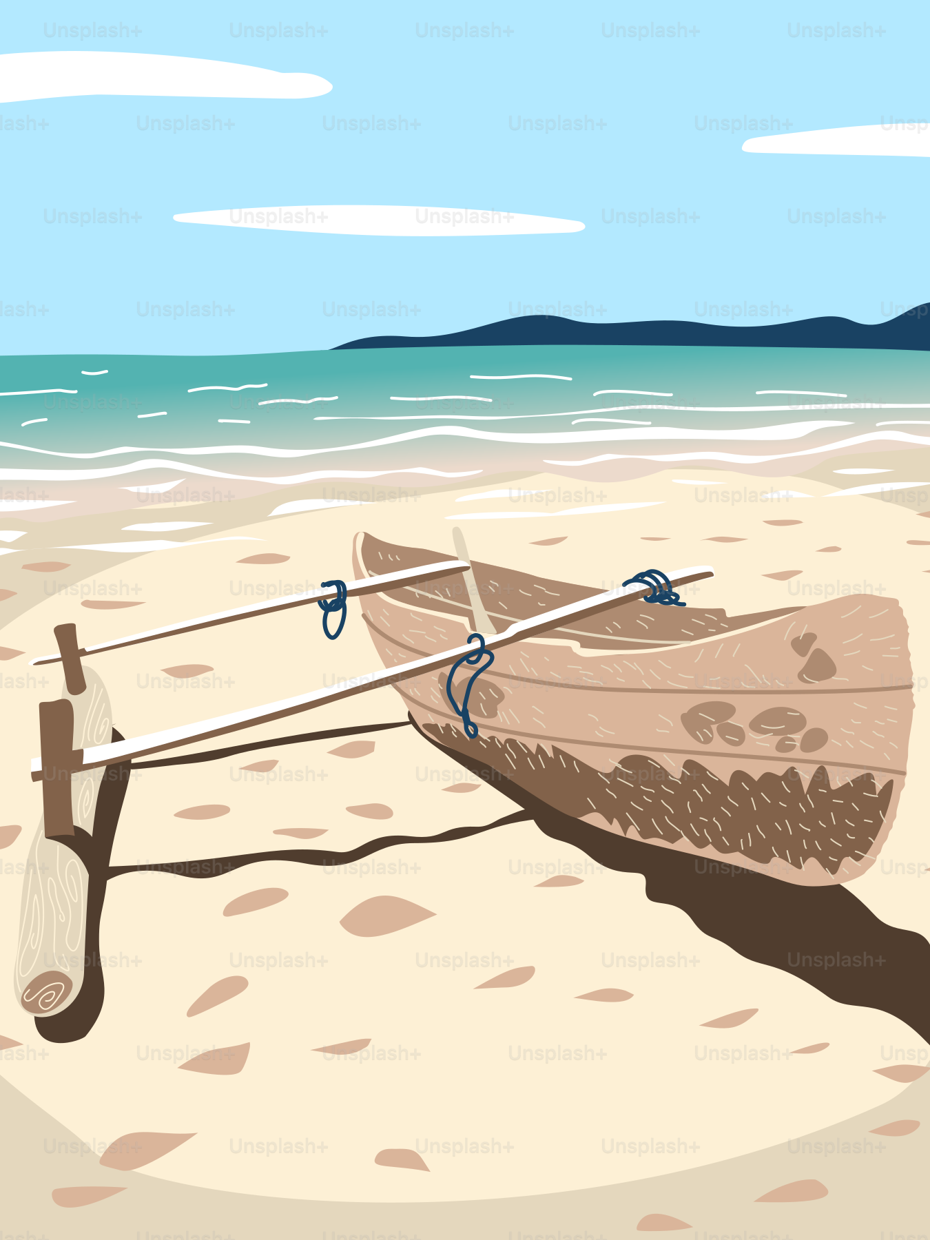 Ein Boot, das an einer Stange am Strand festgebunden ist