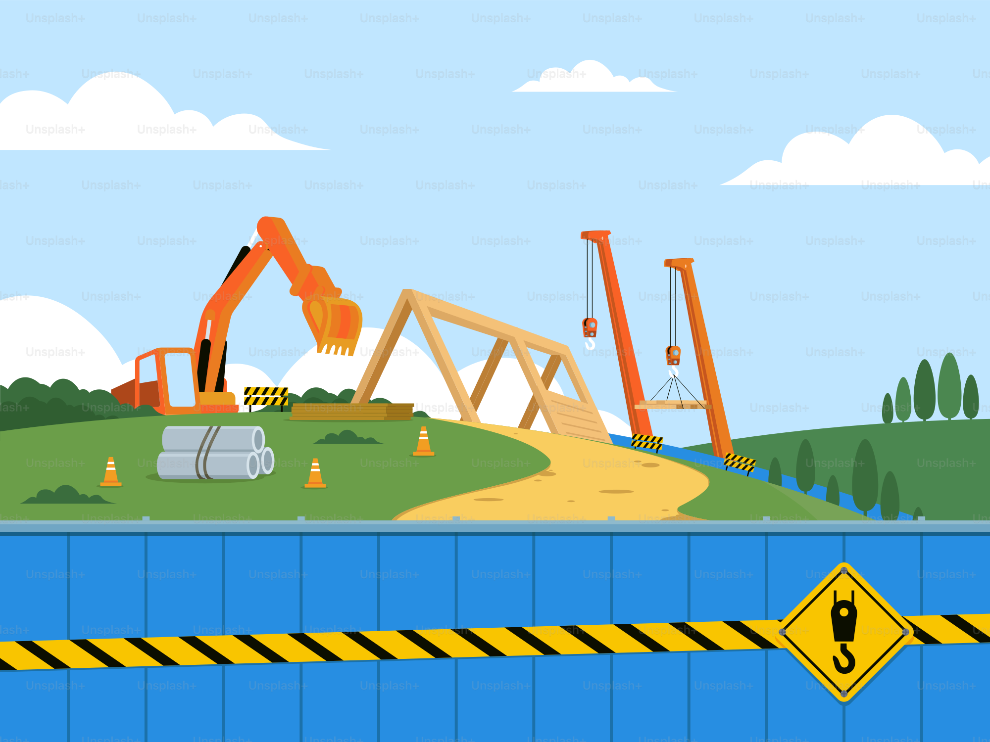 A cartoon scene of a construction site next to a body of water