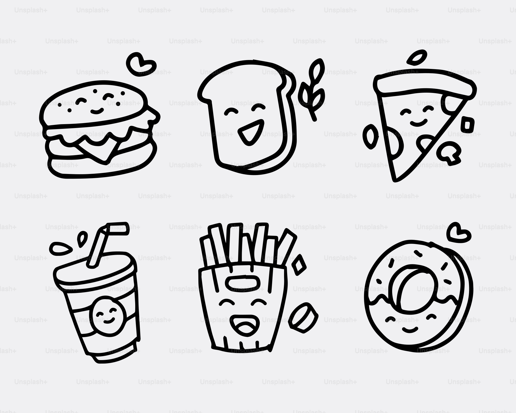 Un dibujo lineal de diferentes tipos de alimentos
