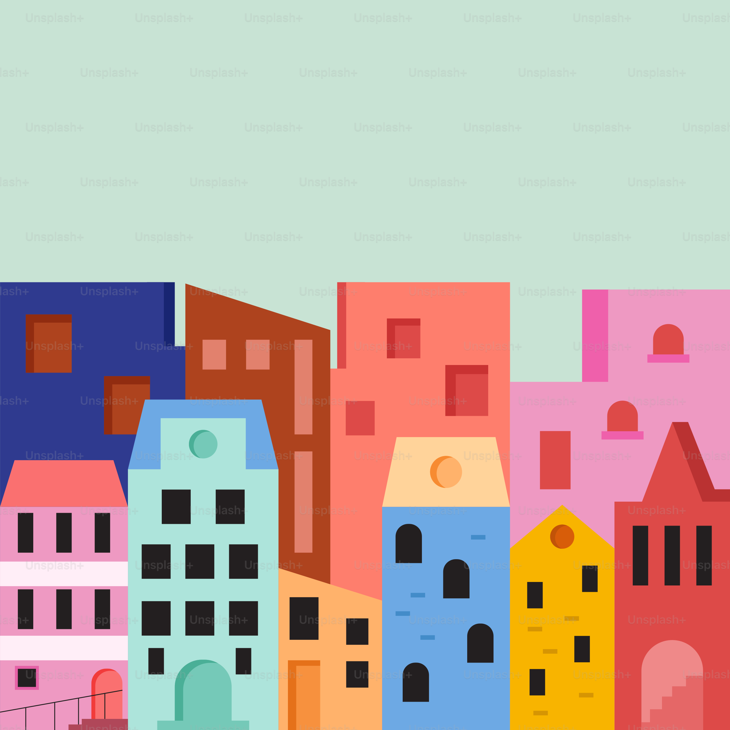 A group of buildings with a sky background