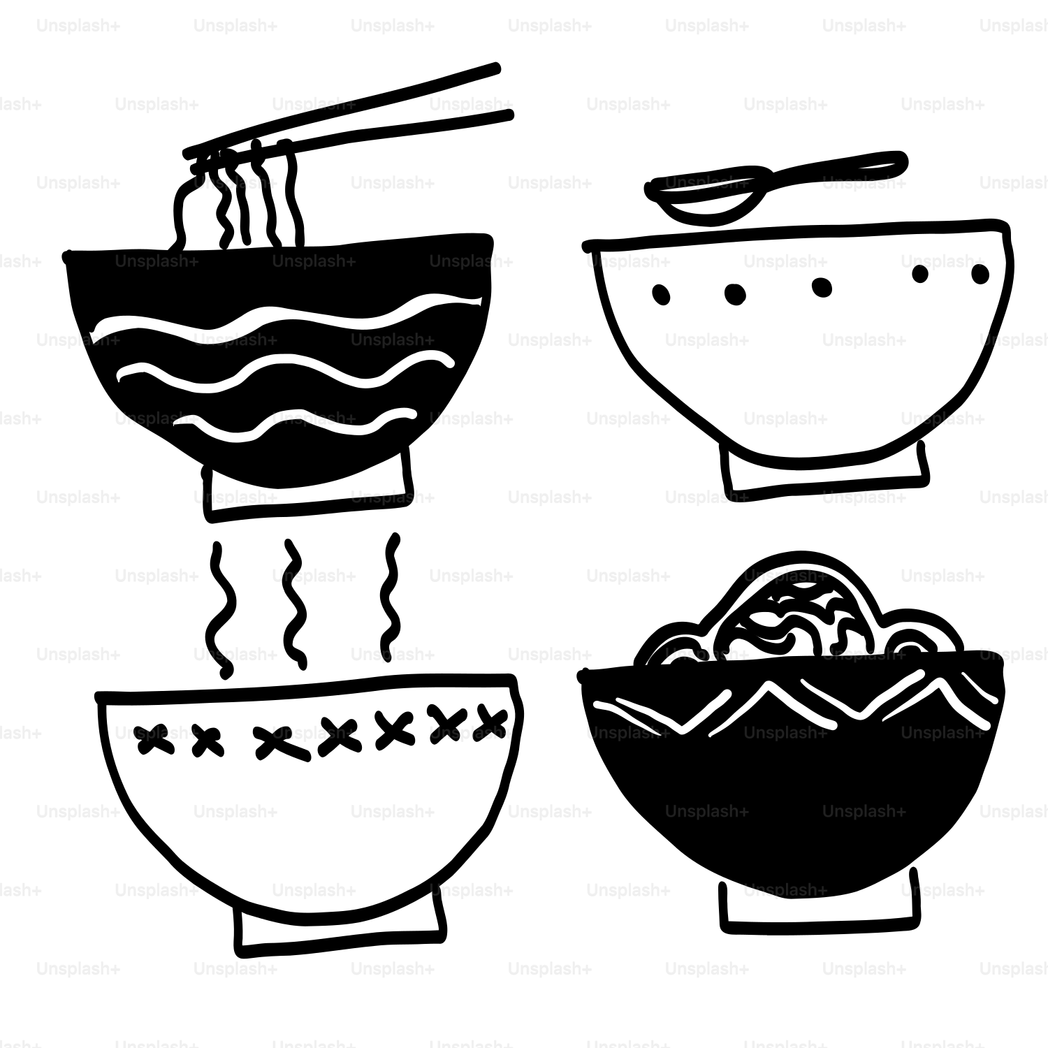 A black and white drawing of bowls of food