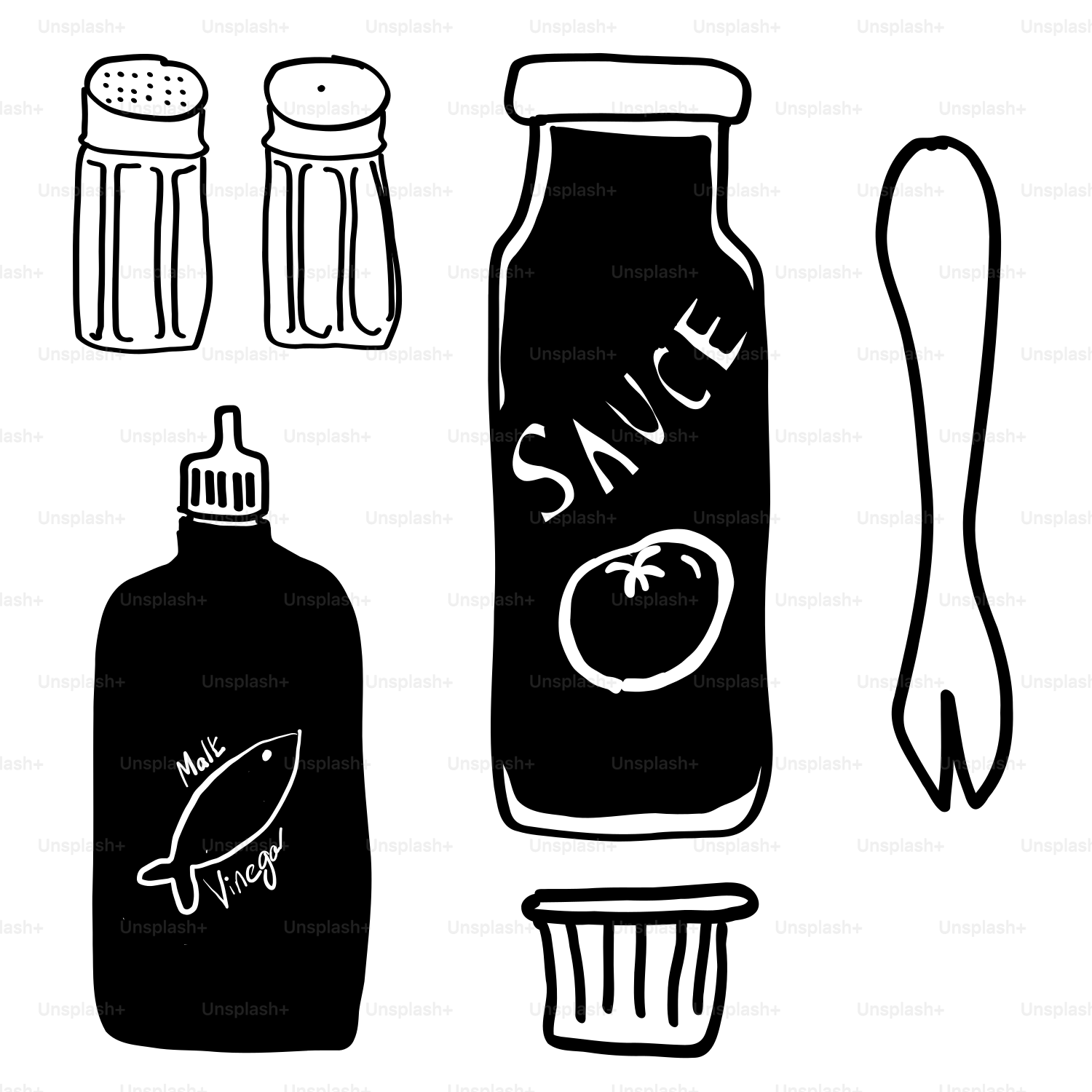 A black and white drawing of a bottle of sauce