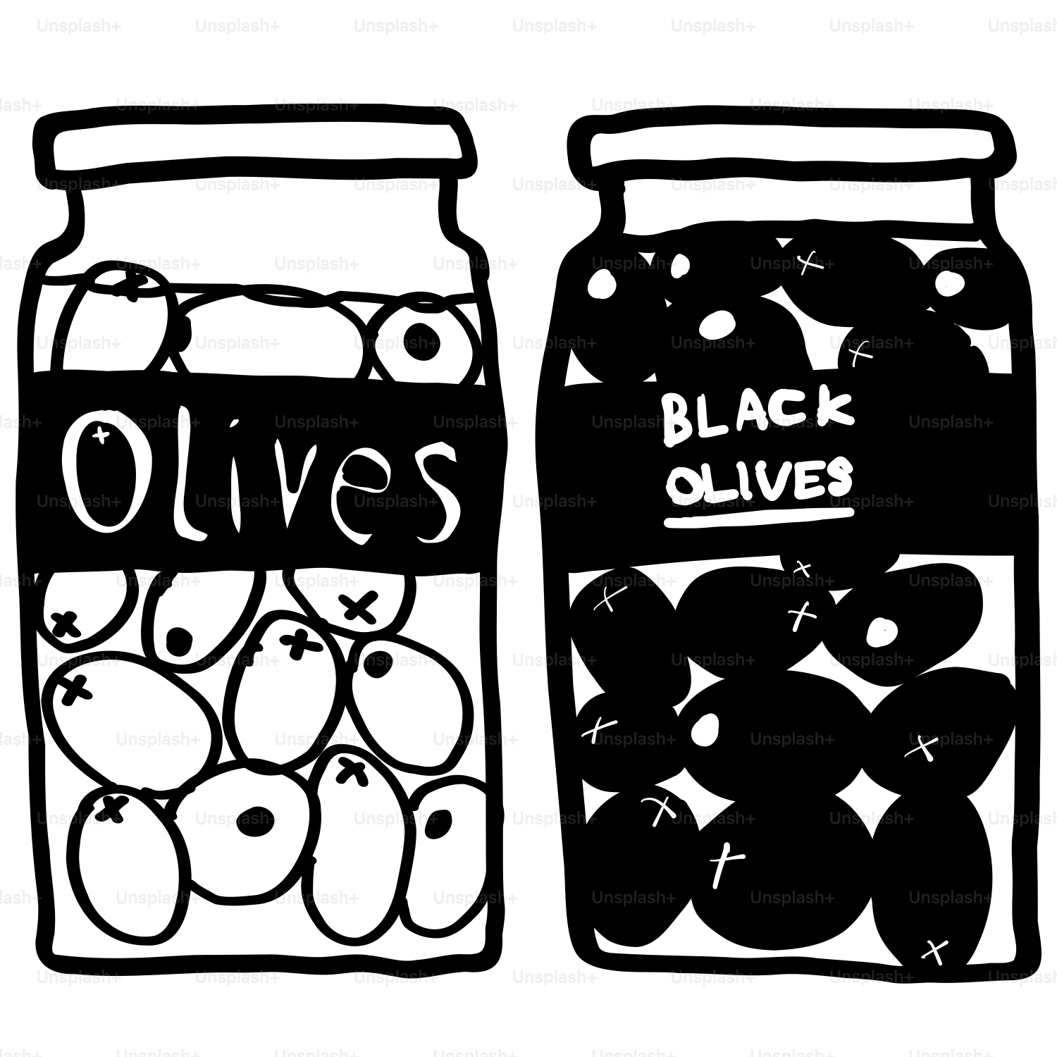 黒いオリーブが入った二つの瓶が並んで並んでいる