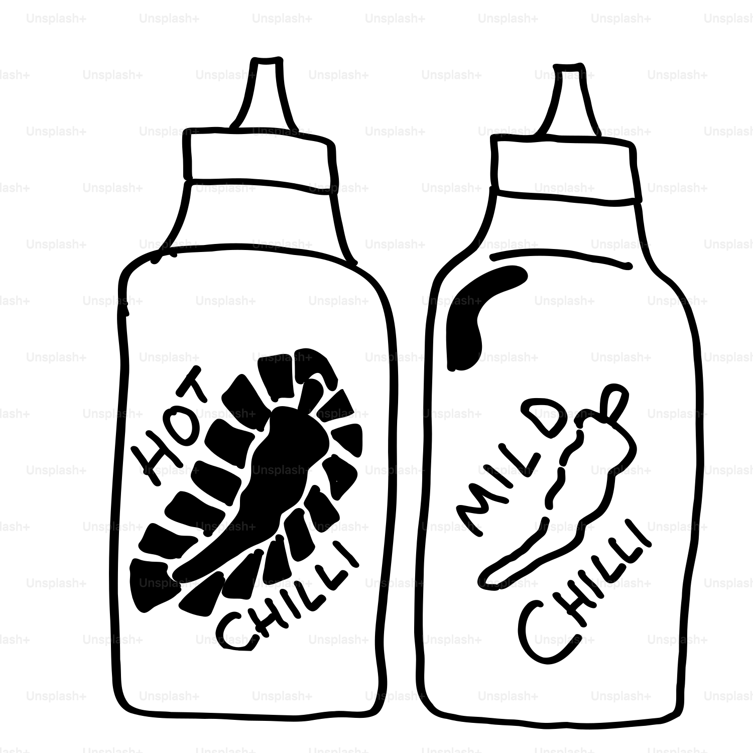 Two bottles with hot chili and chilli on them