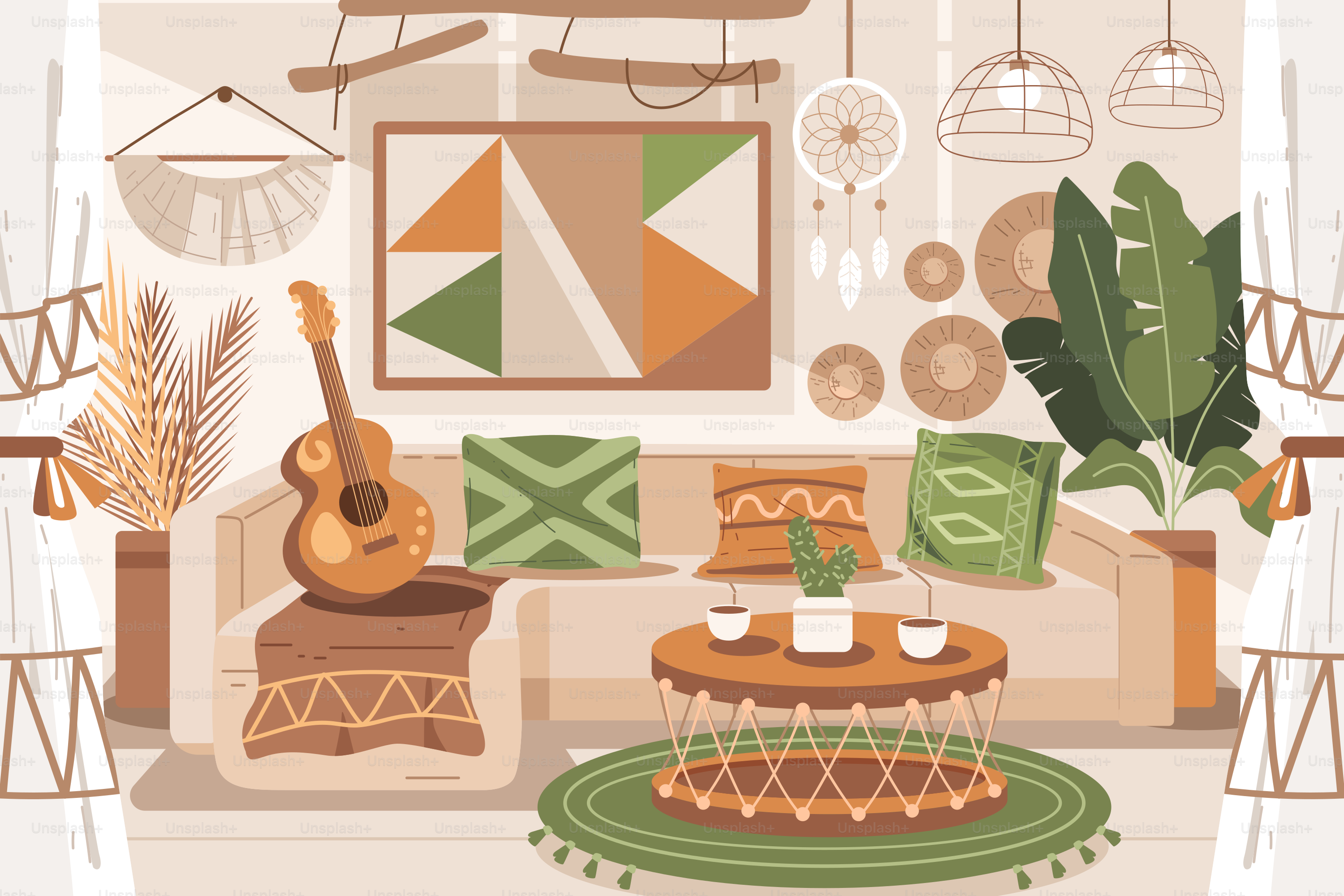 A living room filled with furniture and a guitar