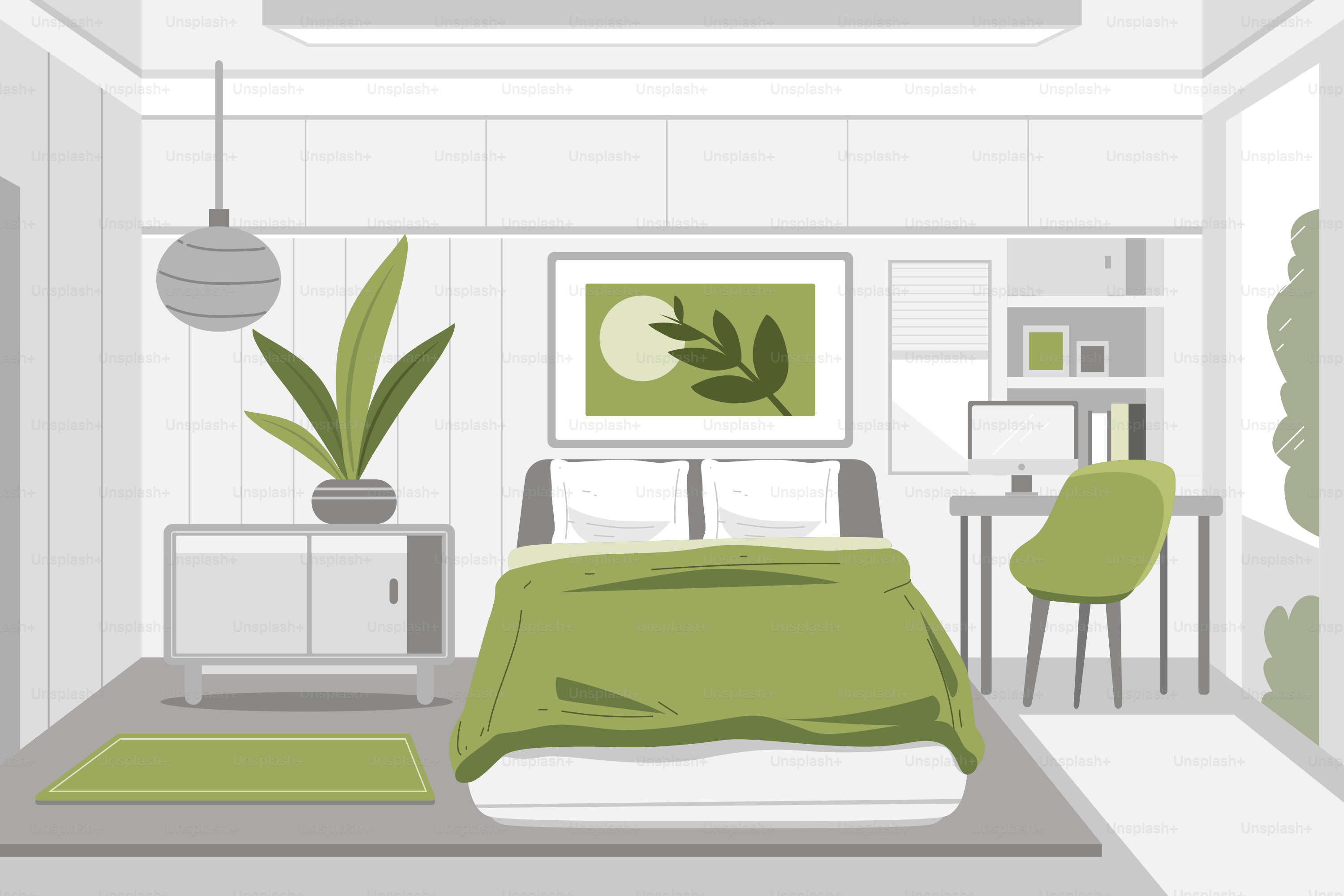 Ein Schlafzimmer mit Bett, Schreibtisch, Stuhl und Pflanze