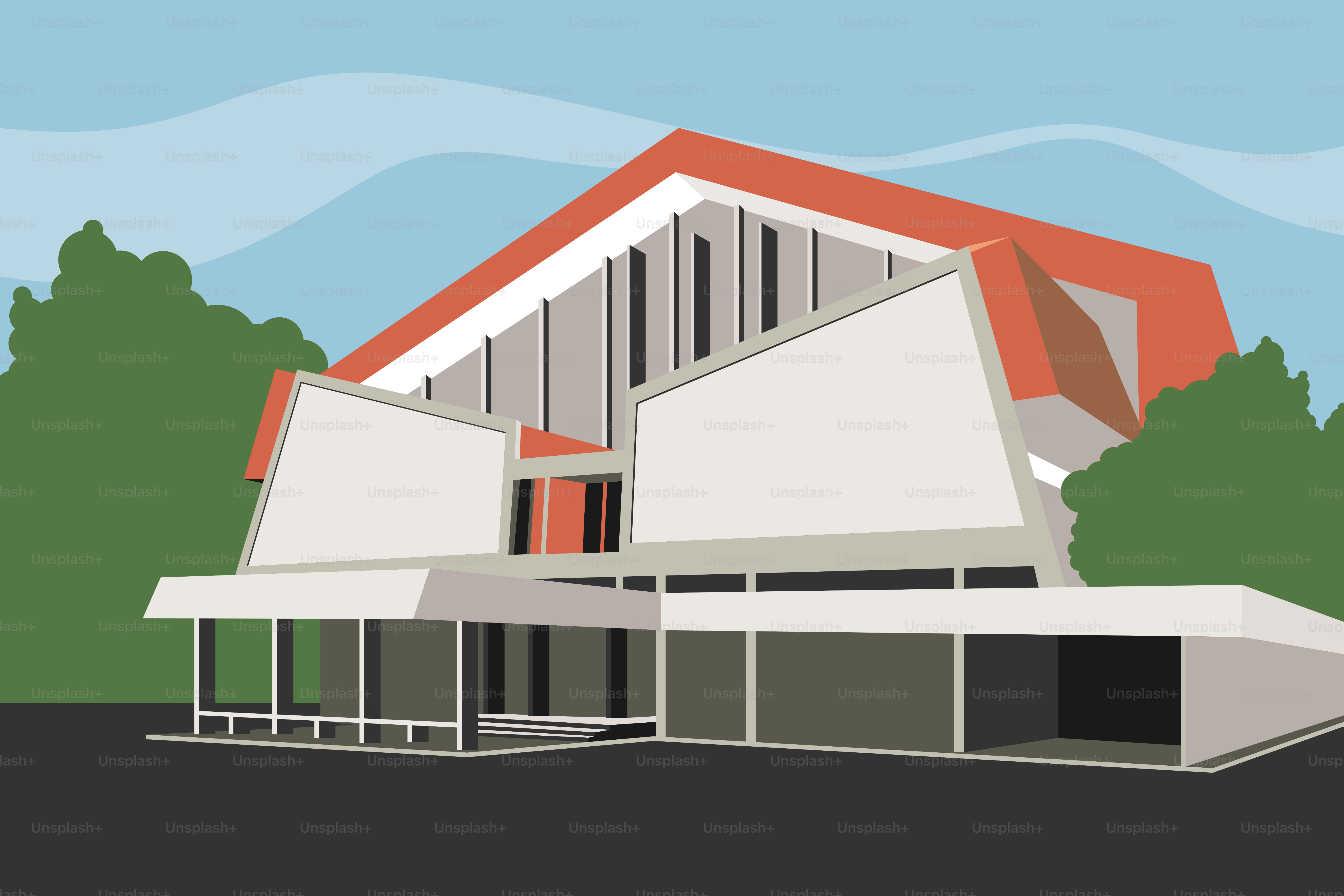 Un dibujo de un edificio con árboles al fondo