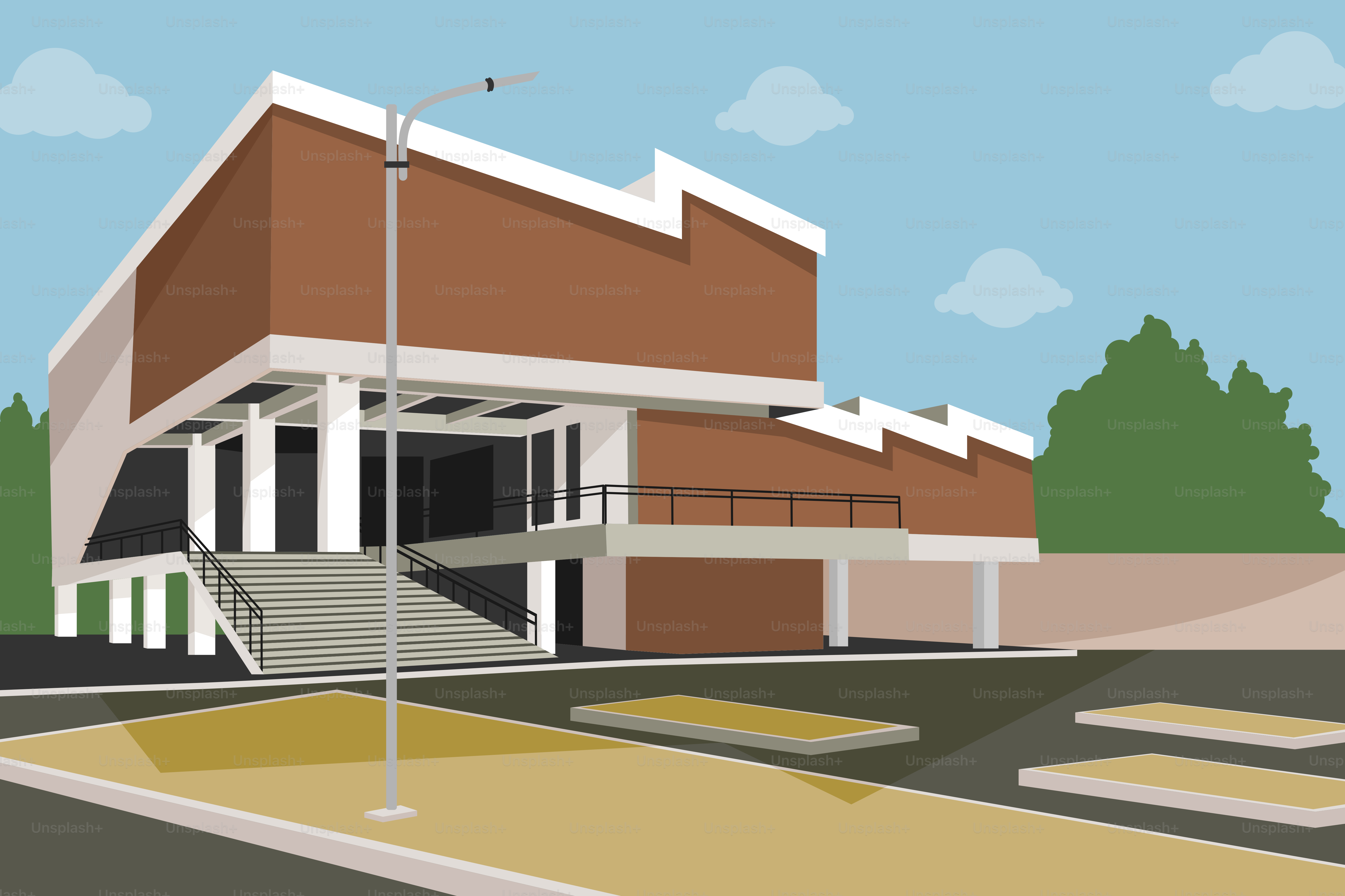 A drawing of a building with a parking lot in front of it