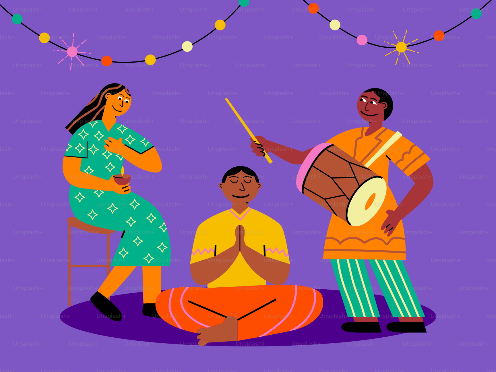 A group of people sitting around each other on a purple background