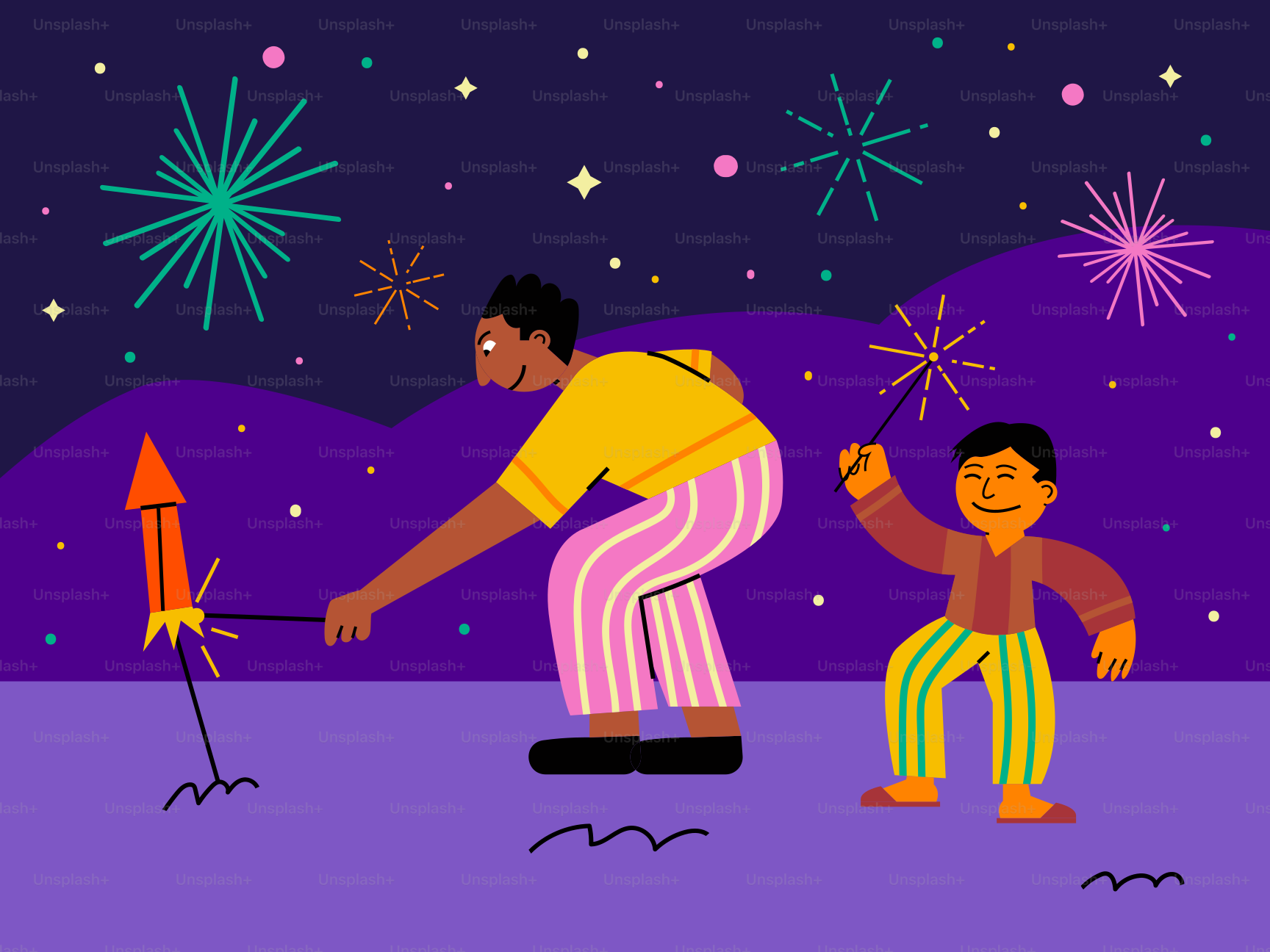 A man kneeling down next to a little boy