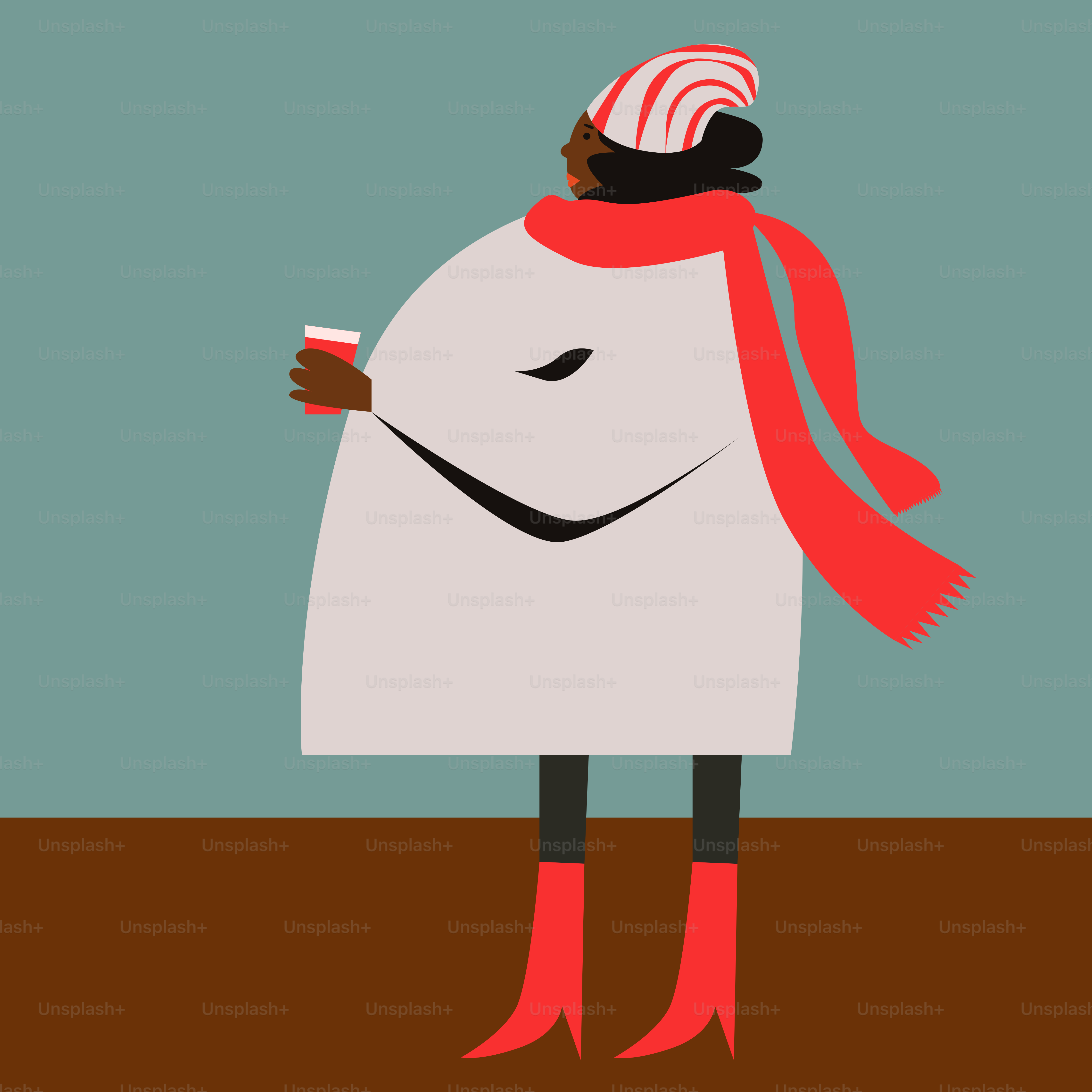 A woman in a white dress and red scarf holding a cup of coffee