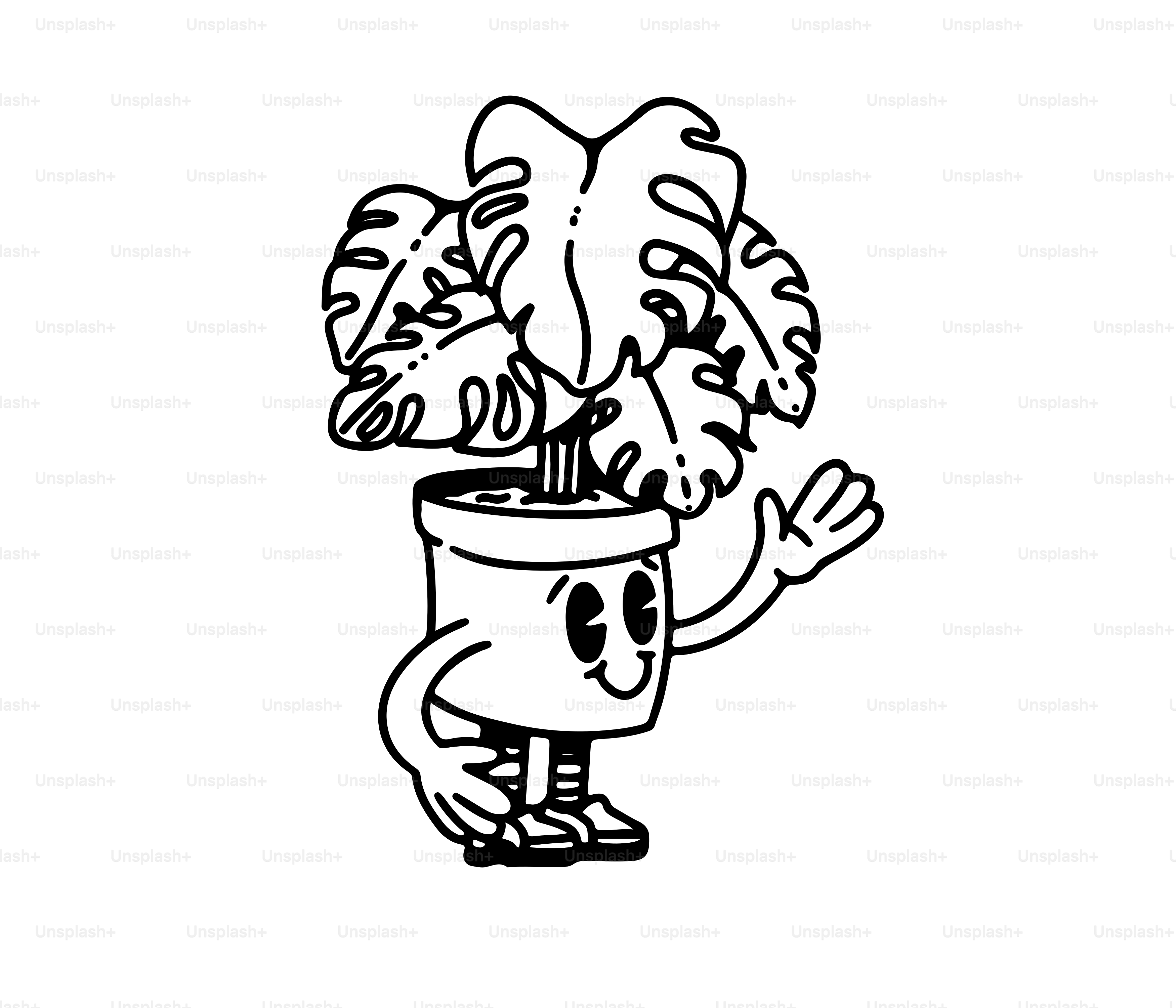 A black and white drawing of a potted plant