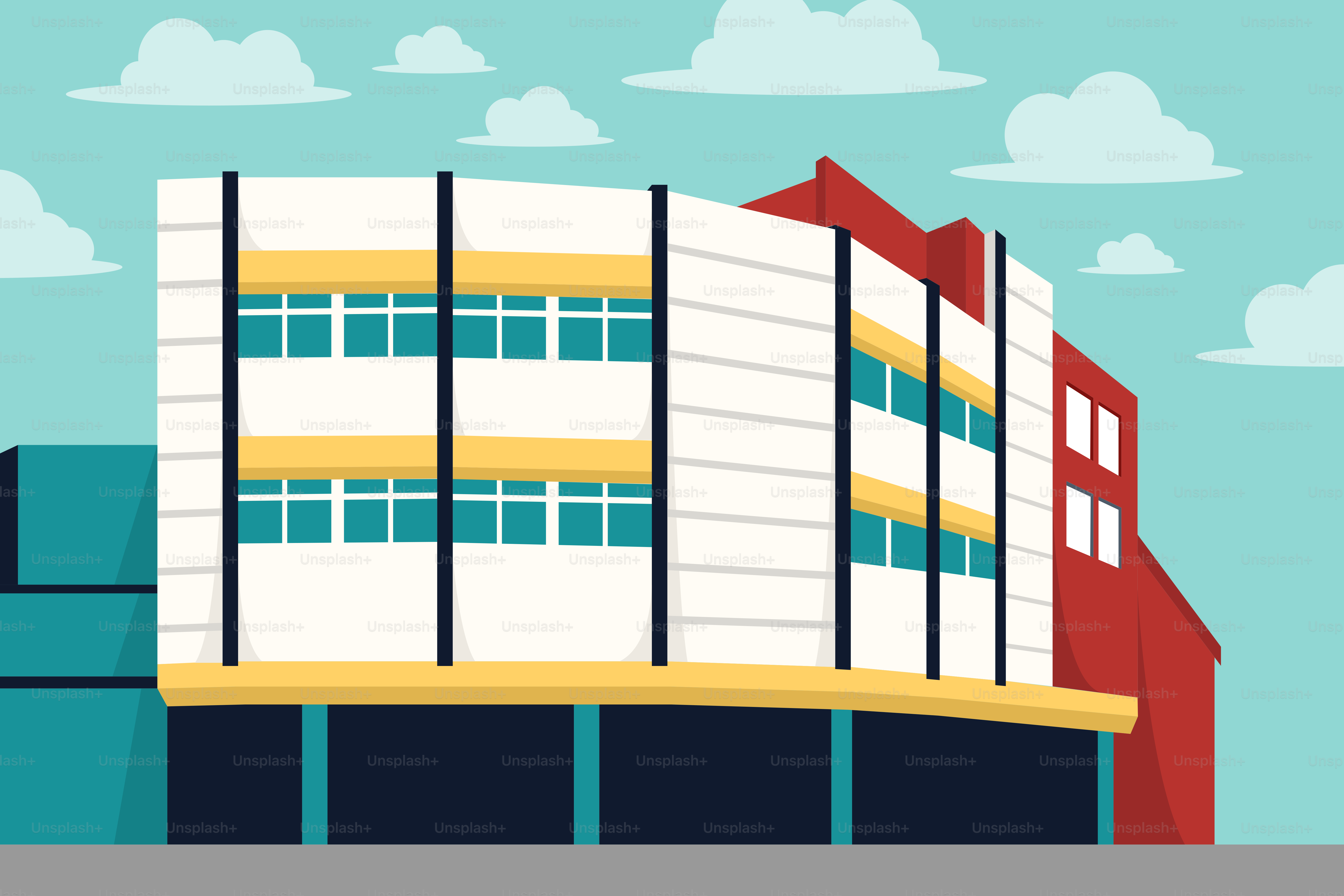 An illustration of a building with a sky background