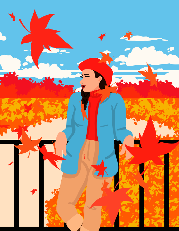 A woman standing on a balcony with autumn leaves