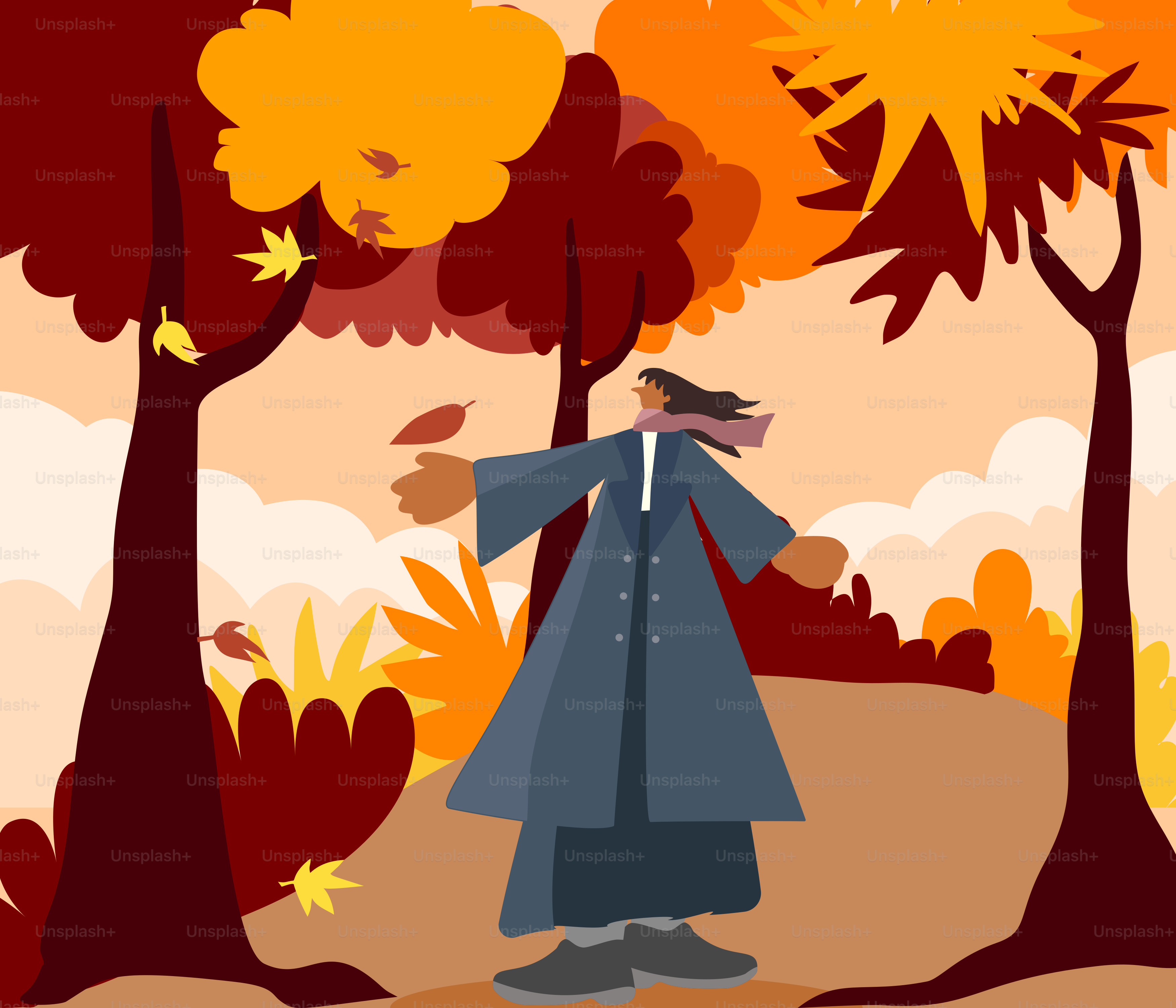 A man in a blue coat is walking through a forest