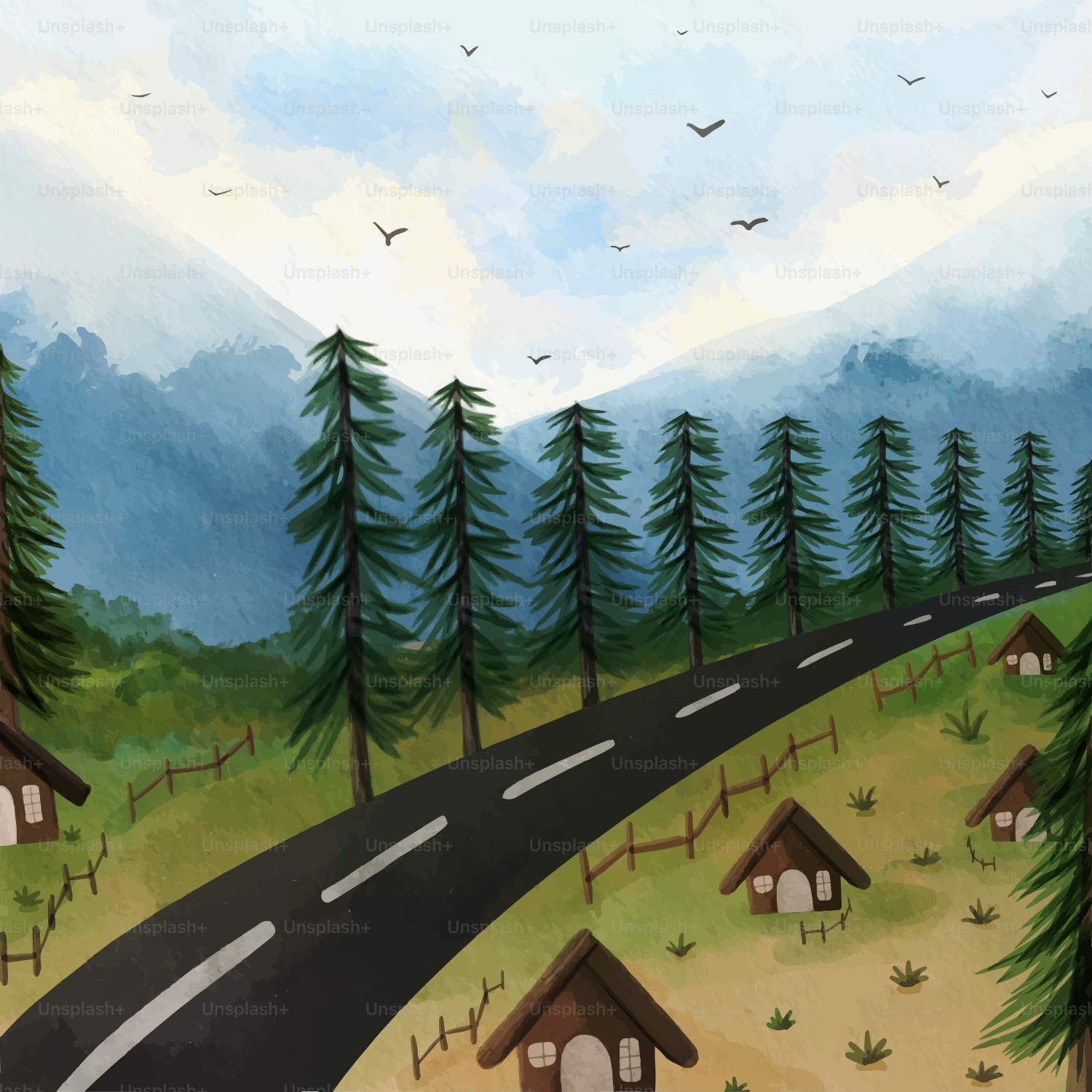 Un dipinto di una strada di campagna con case e alberi