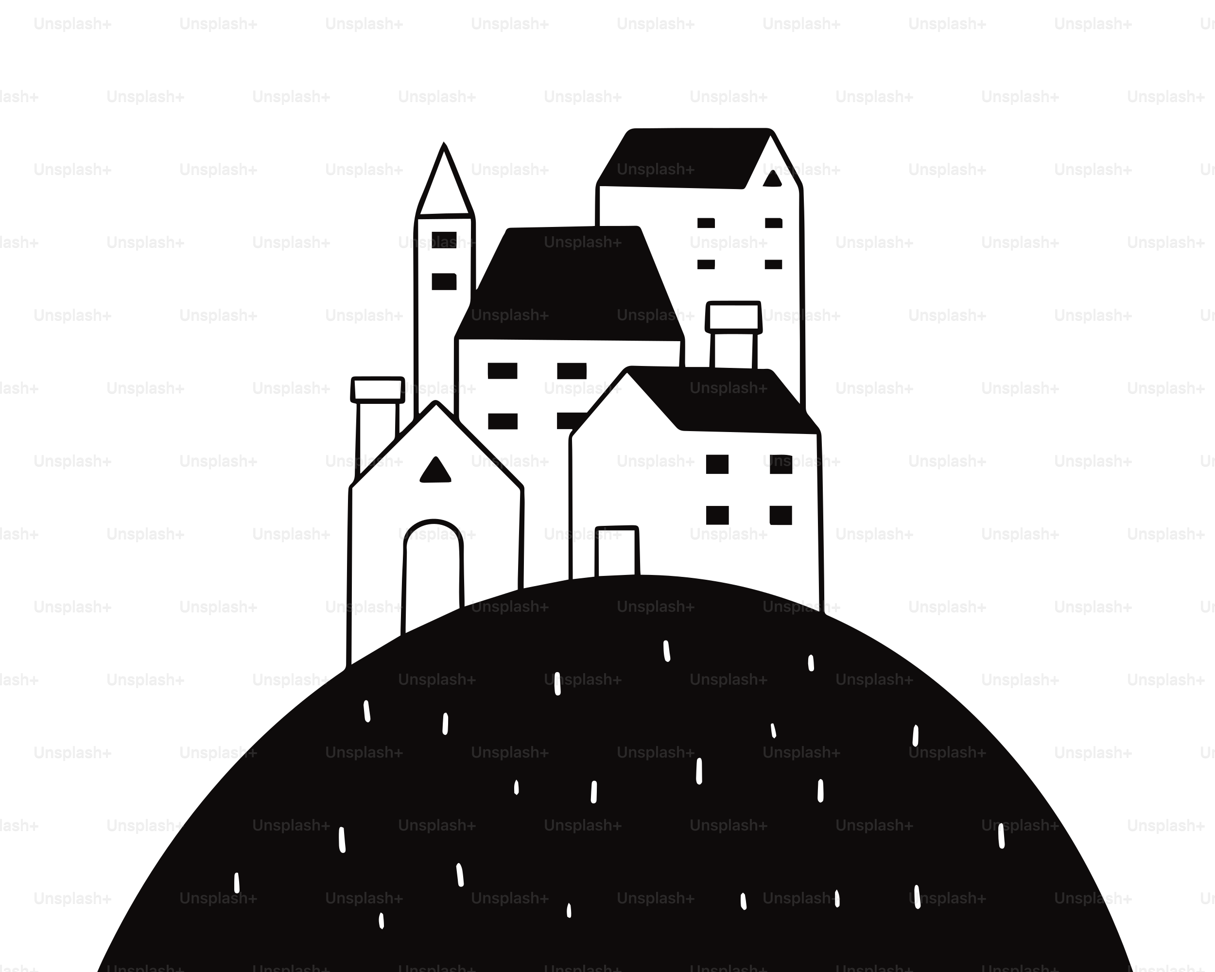 언덕 위 마을의 흑백 그림