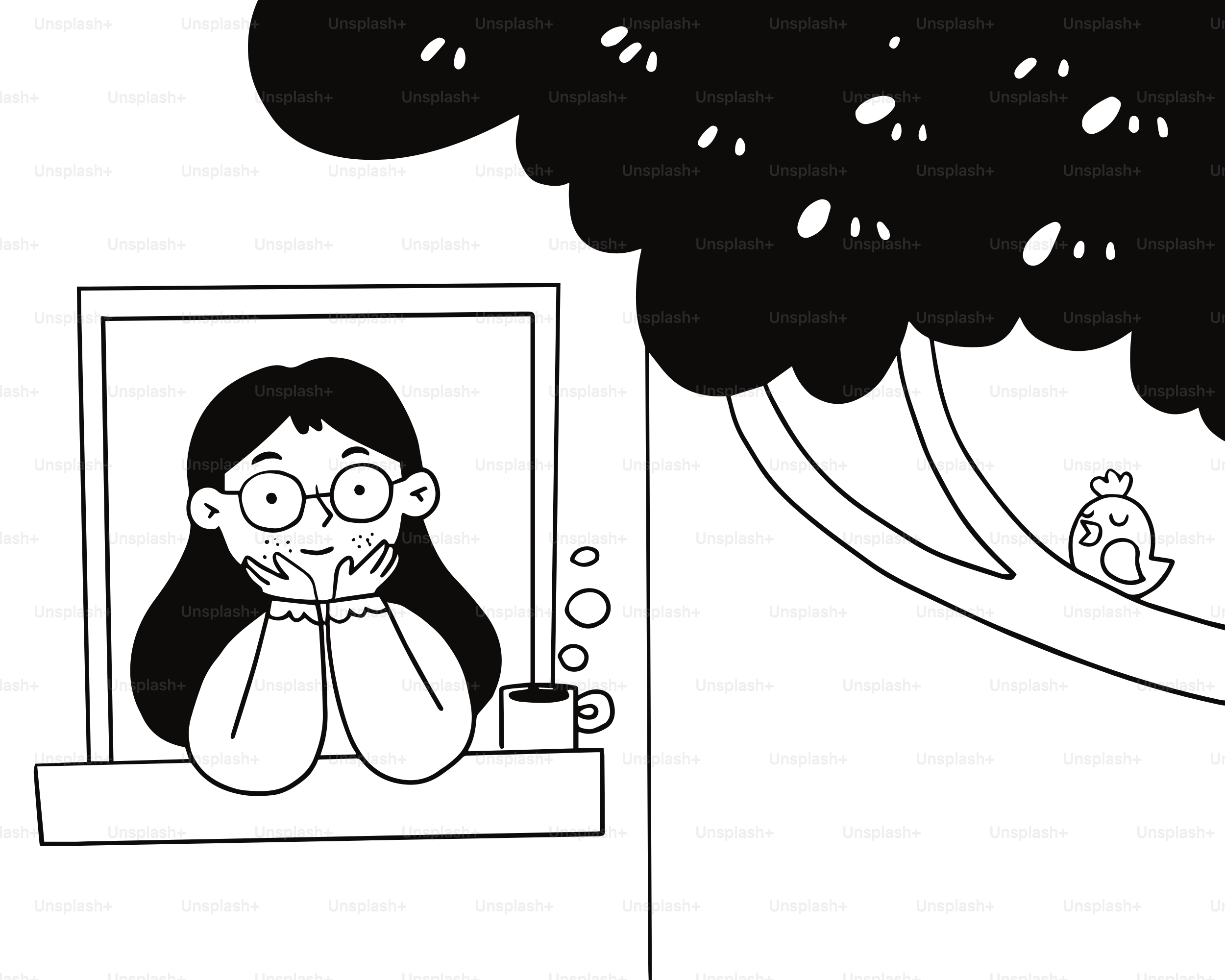 A black and white drawing of a girl looking at a picture