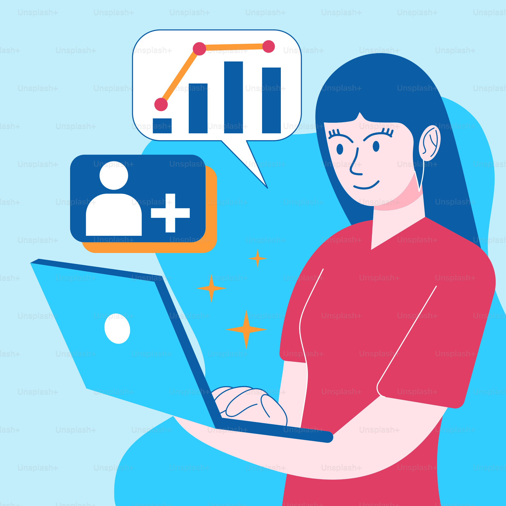 A woman using a laptop with a speech bubble above her