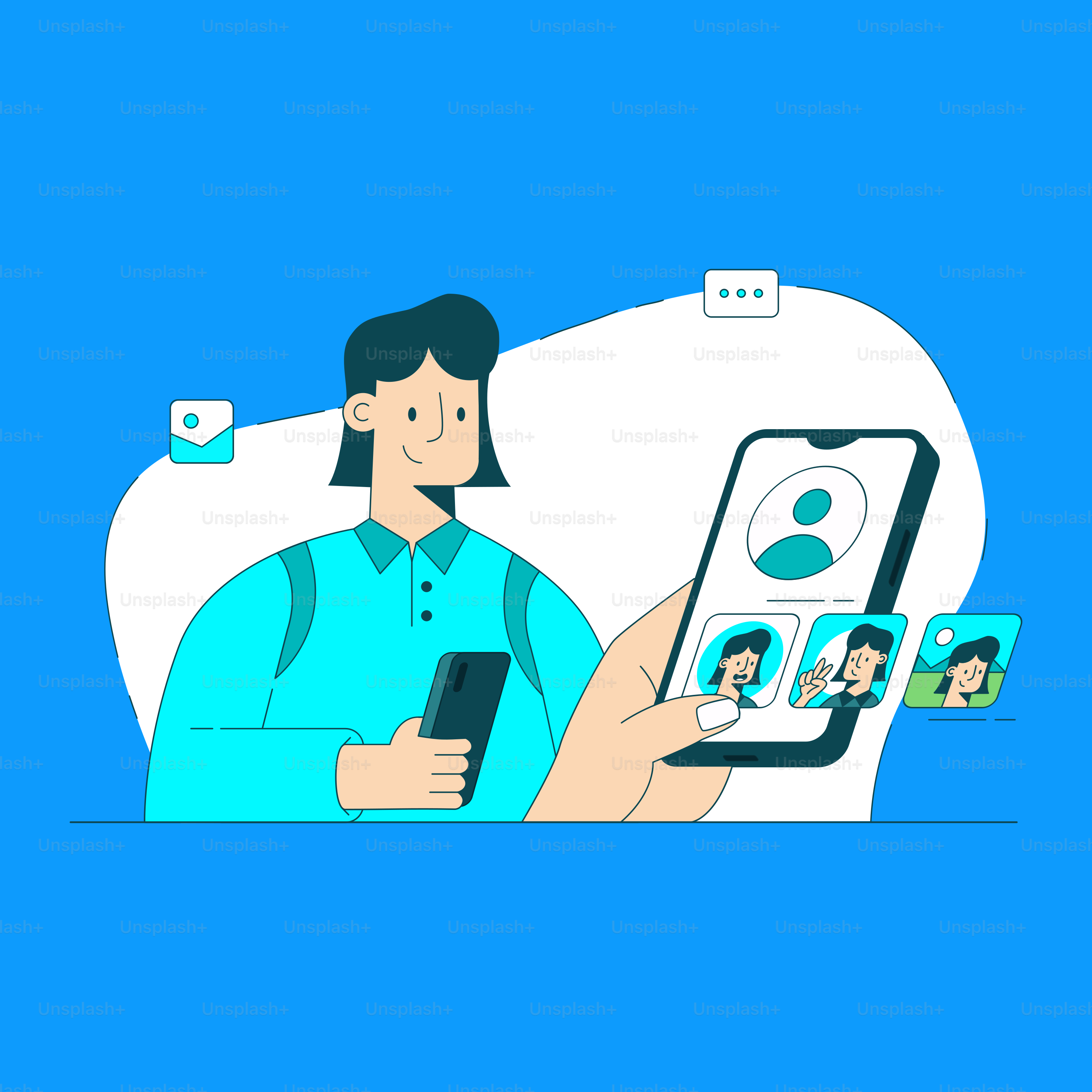 A person holding a smart phone with a video chat on the screen