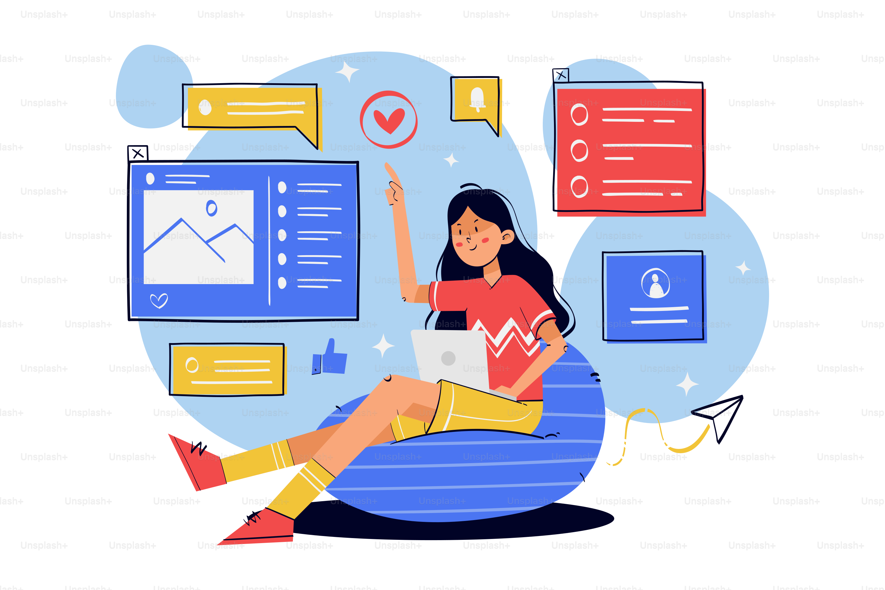 Una mujer sentada en un puf con un portátil