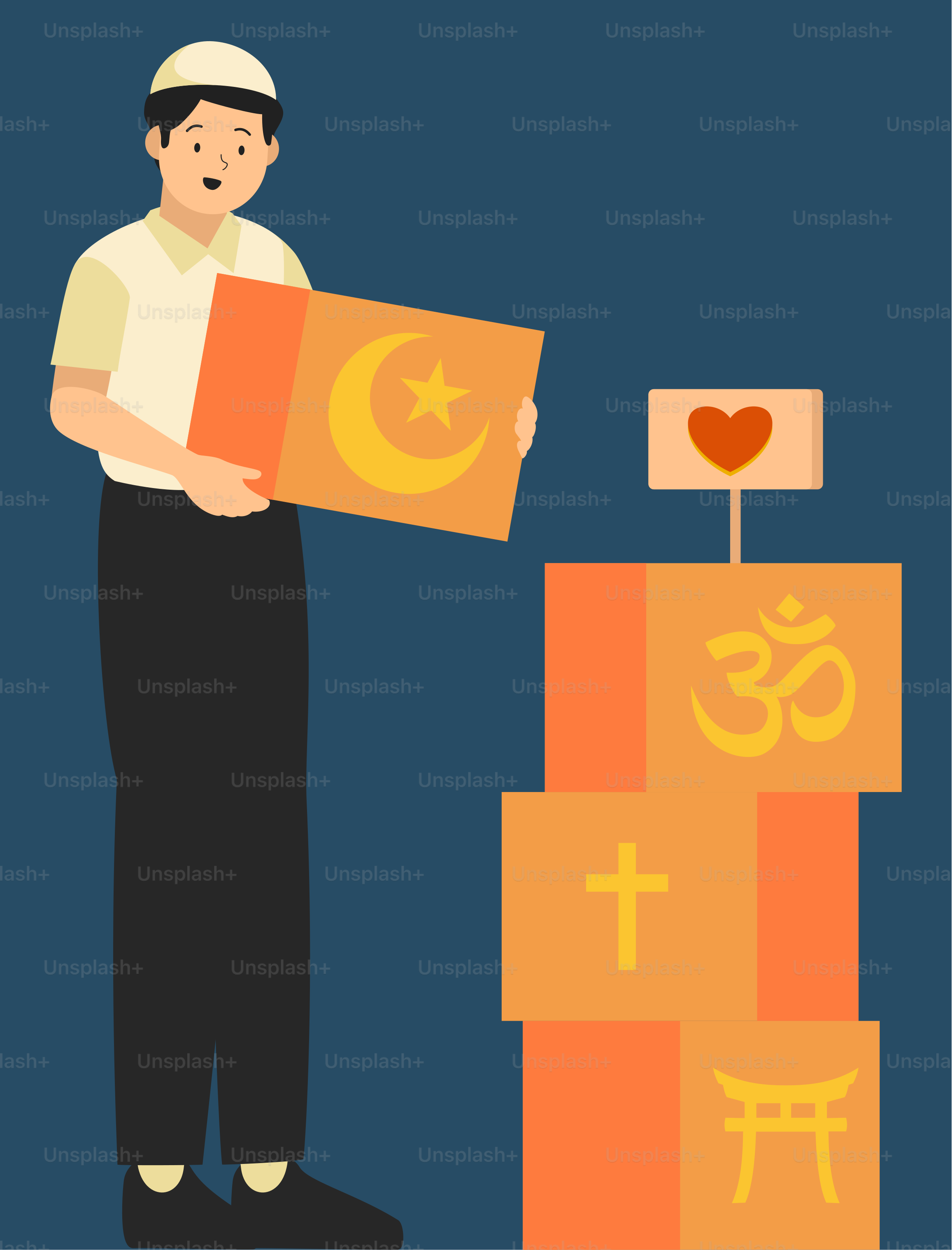 Ein Mann mit einer Fahne steht neben einem Stapel Kisten